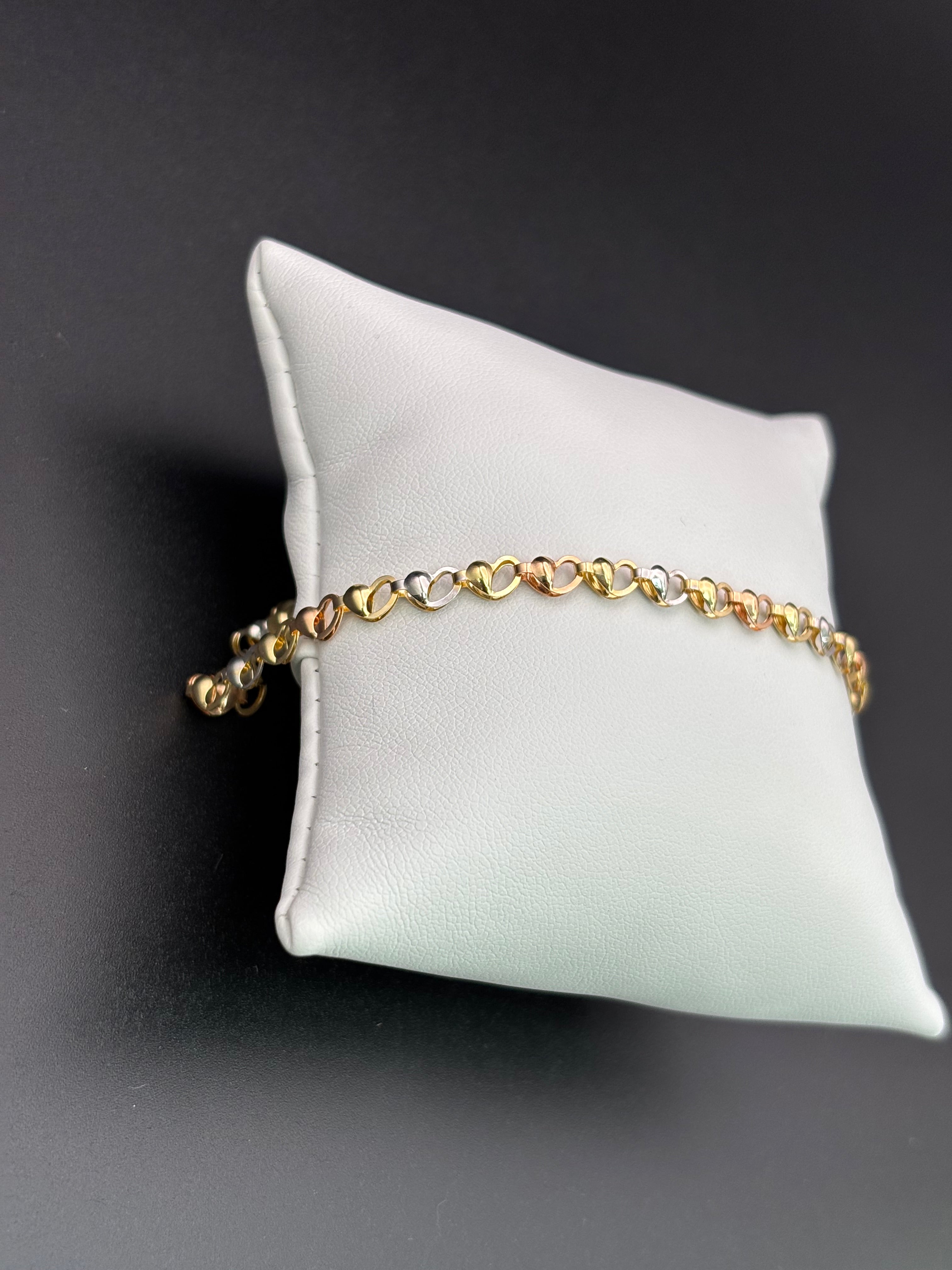 14k Solid Gold Fancy Bracelet Link Three Tones Hearts