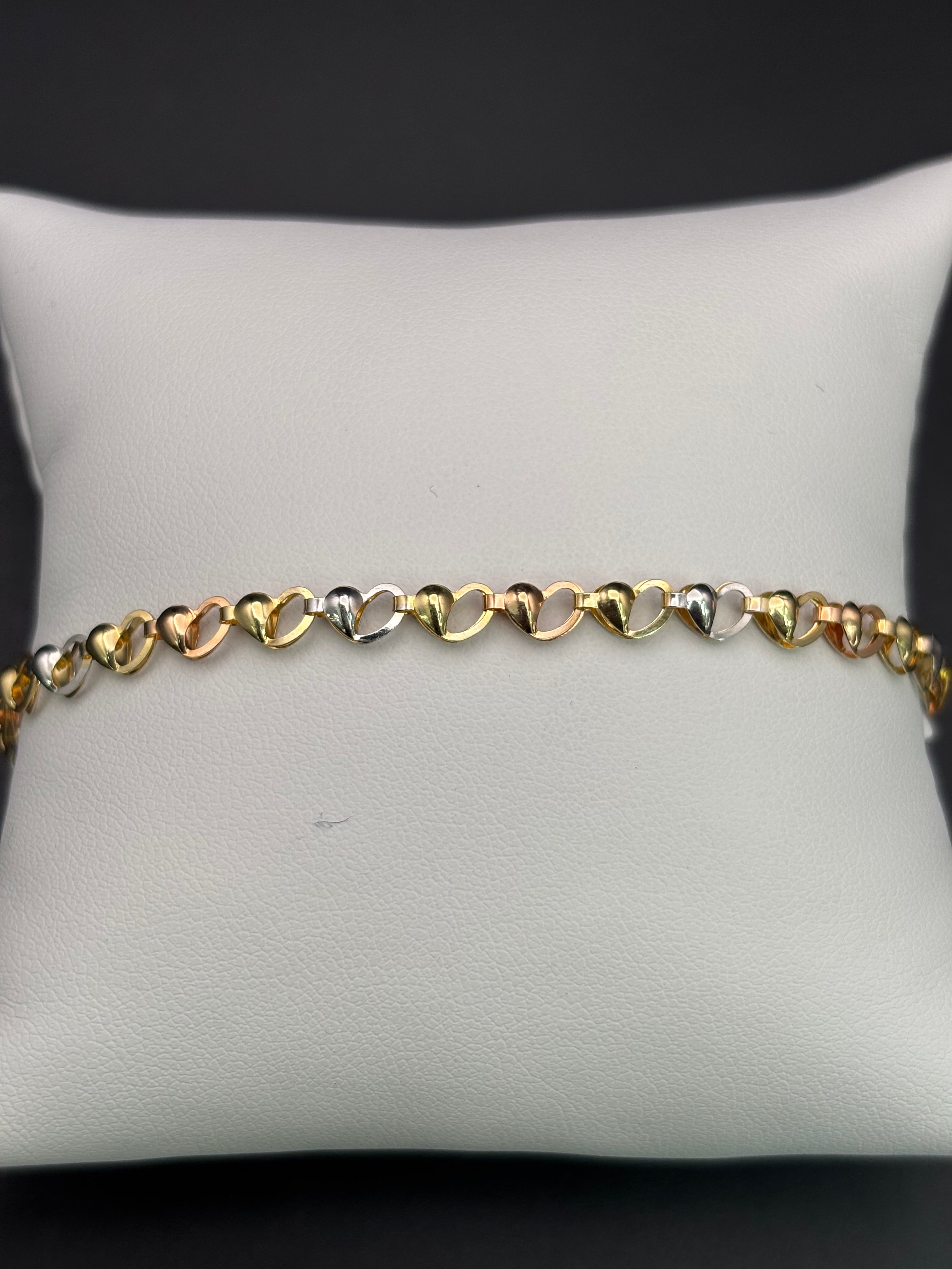 14k Solid Gold Fancy Bracelet Link Three Tones Hearts