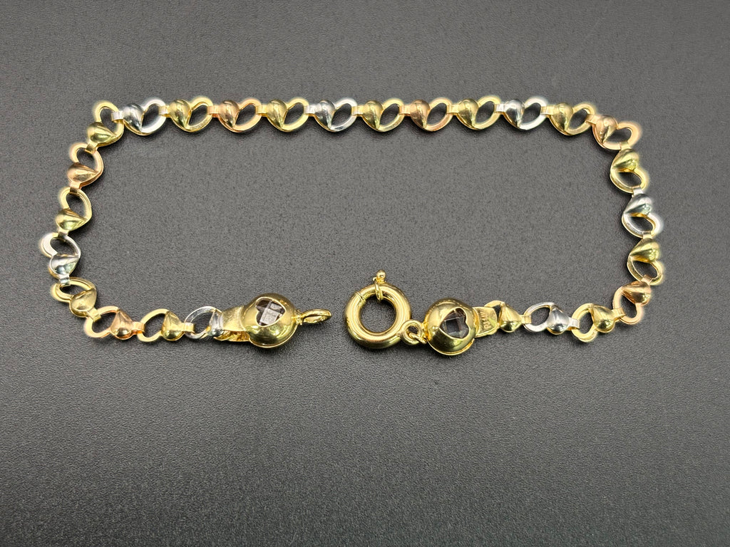 14k Solid Gold Fancy Bracelet Link Three Tones Hearts