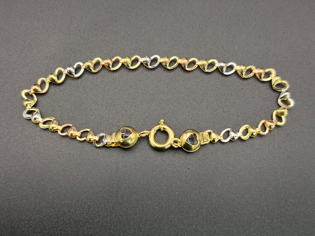 14k Solid Gold Fancy Bracelet Link Three Tones Hearts