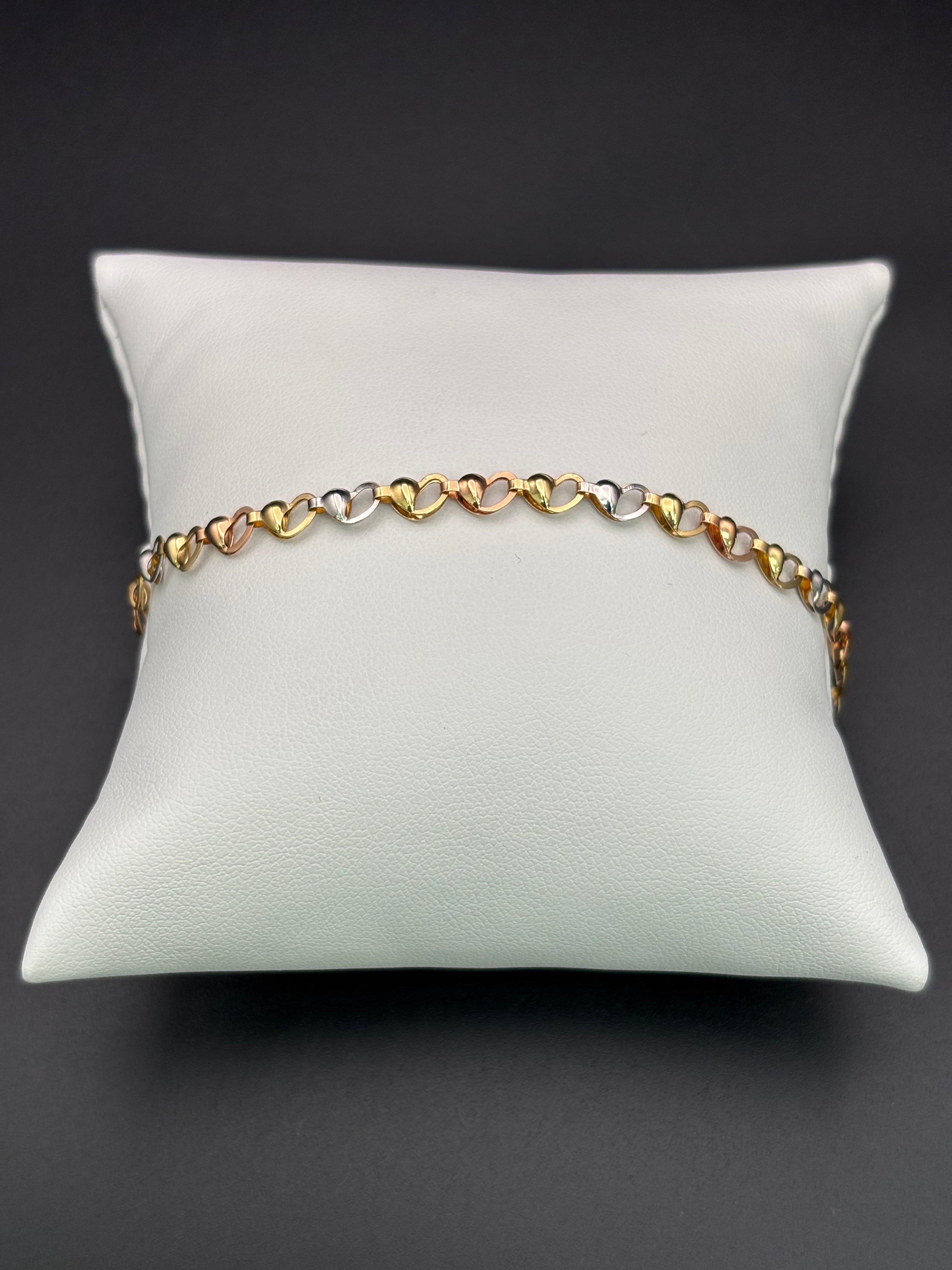 14k Solid Gold Fancy Bracelet Link Three Tones Hearts