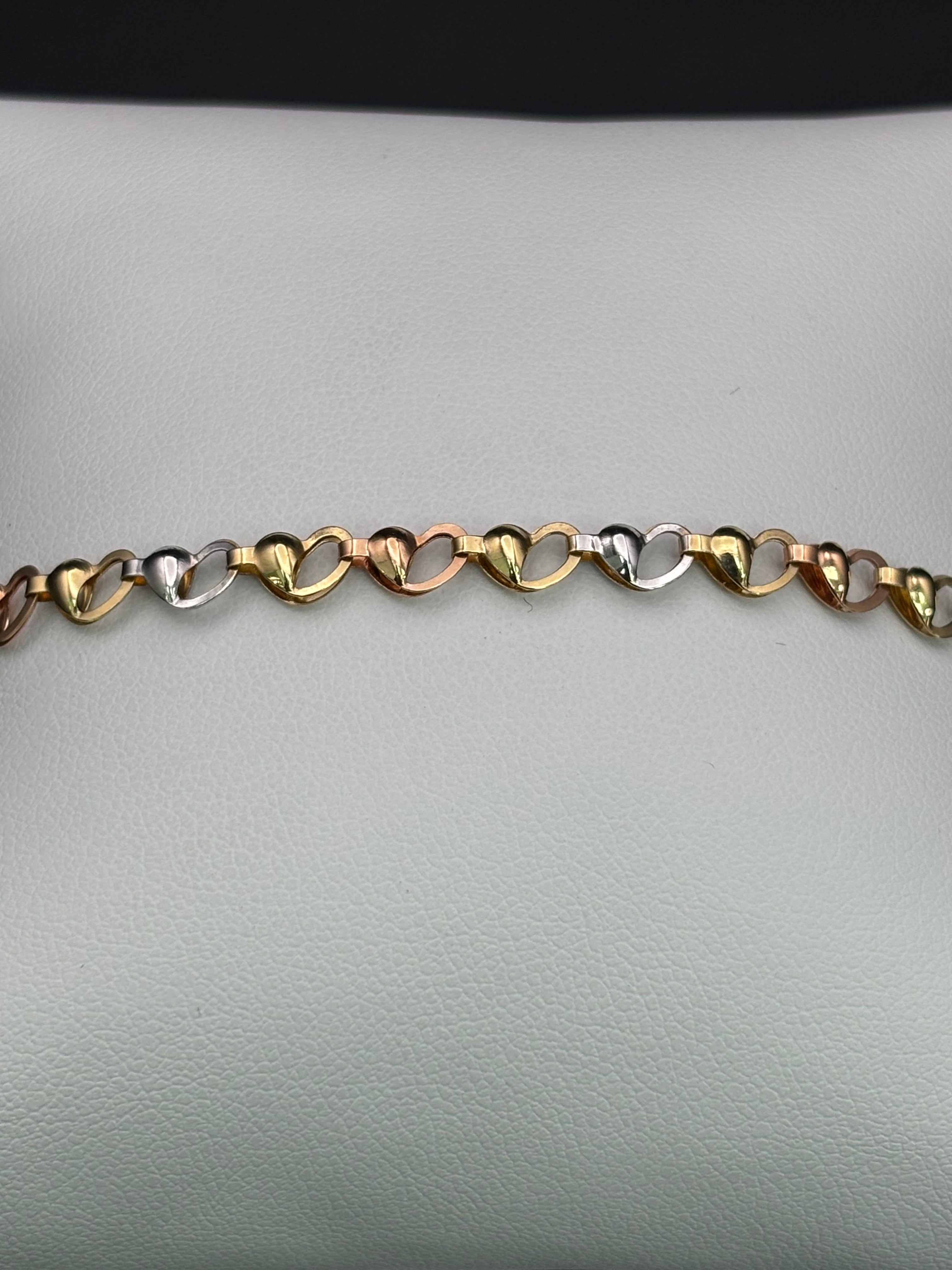 14k Solid Gold Fancy Bracelet Link Three Tones Hearts