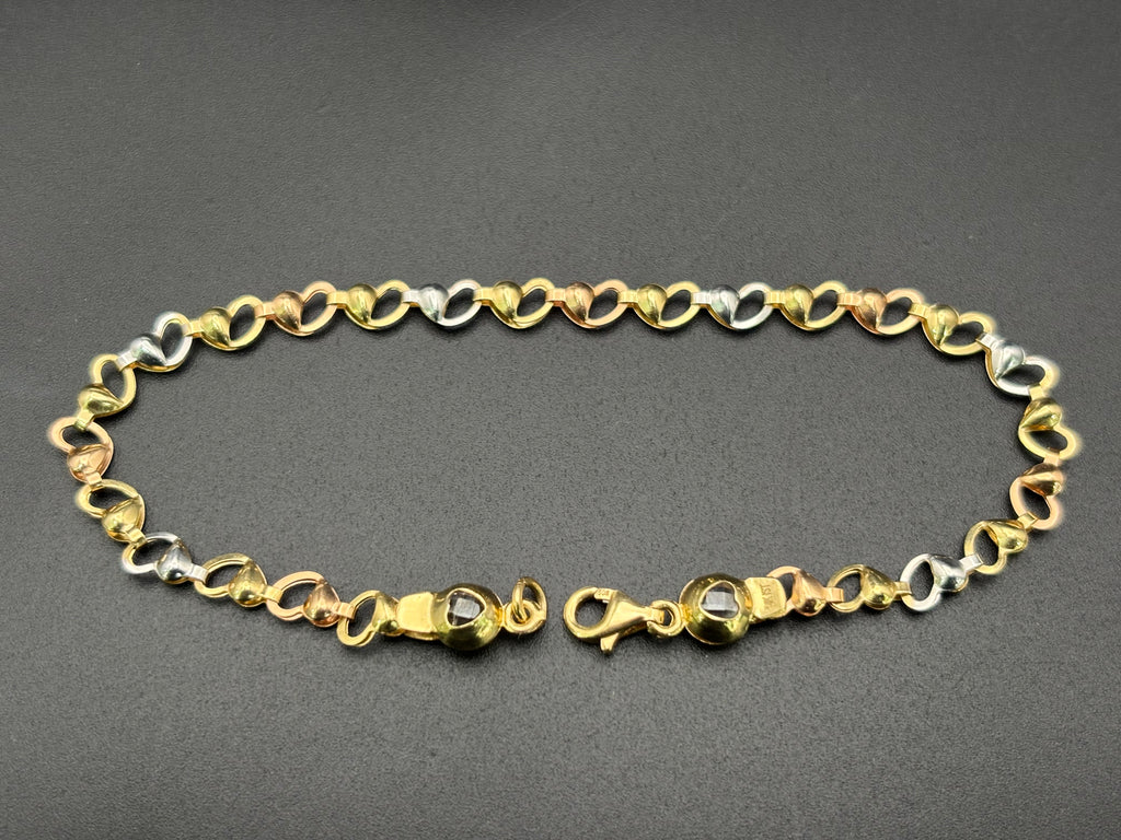 14k Solid Gold Fancy Bracelet Link Three Tones Hearts