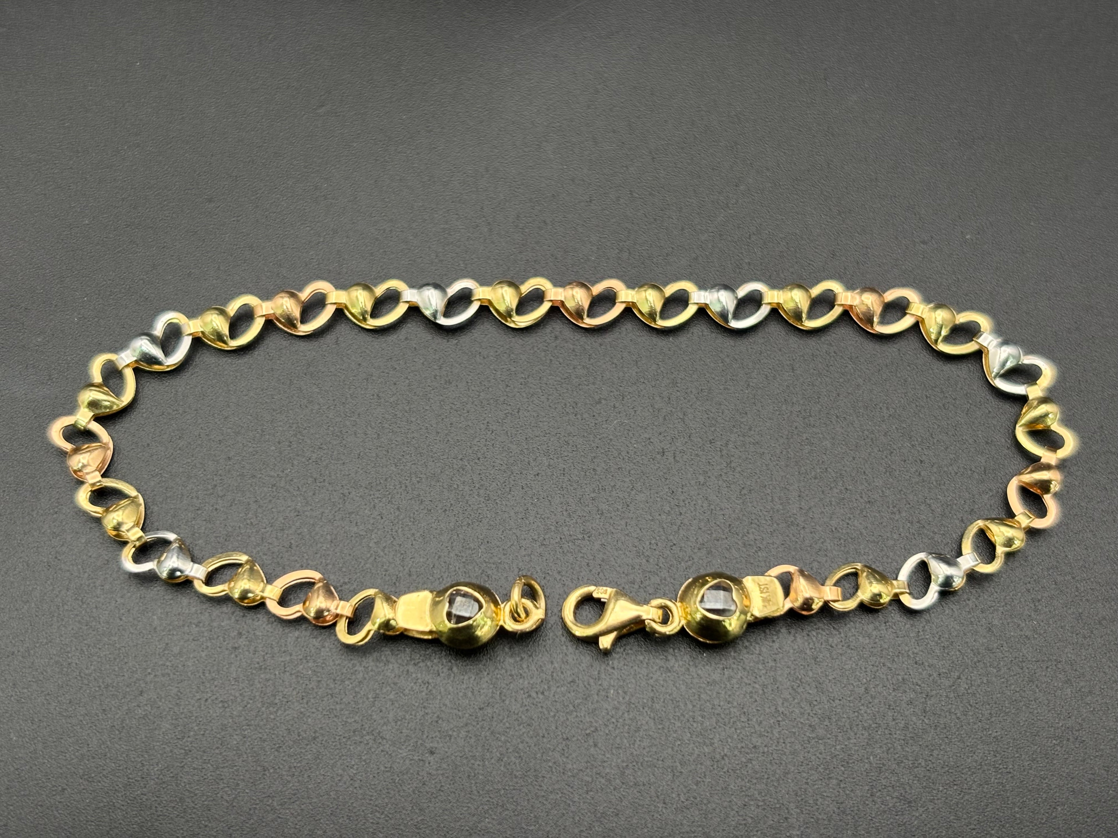 14k Solid Gold Fancy Bracelet Link Three Tones Hearts