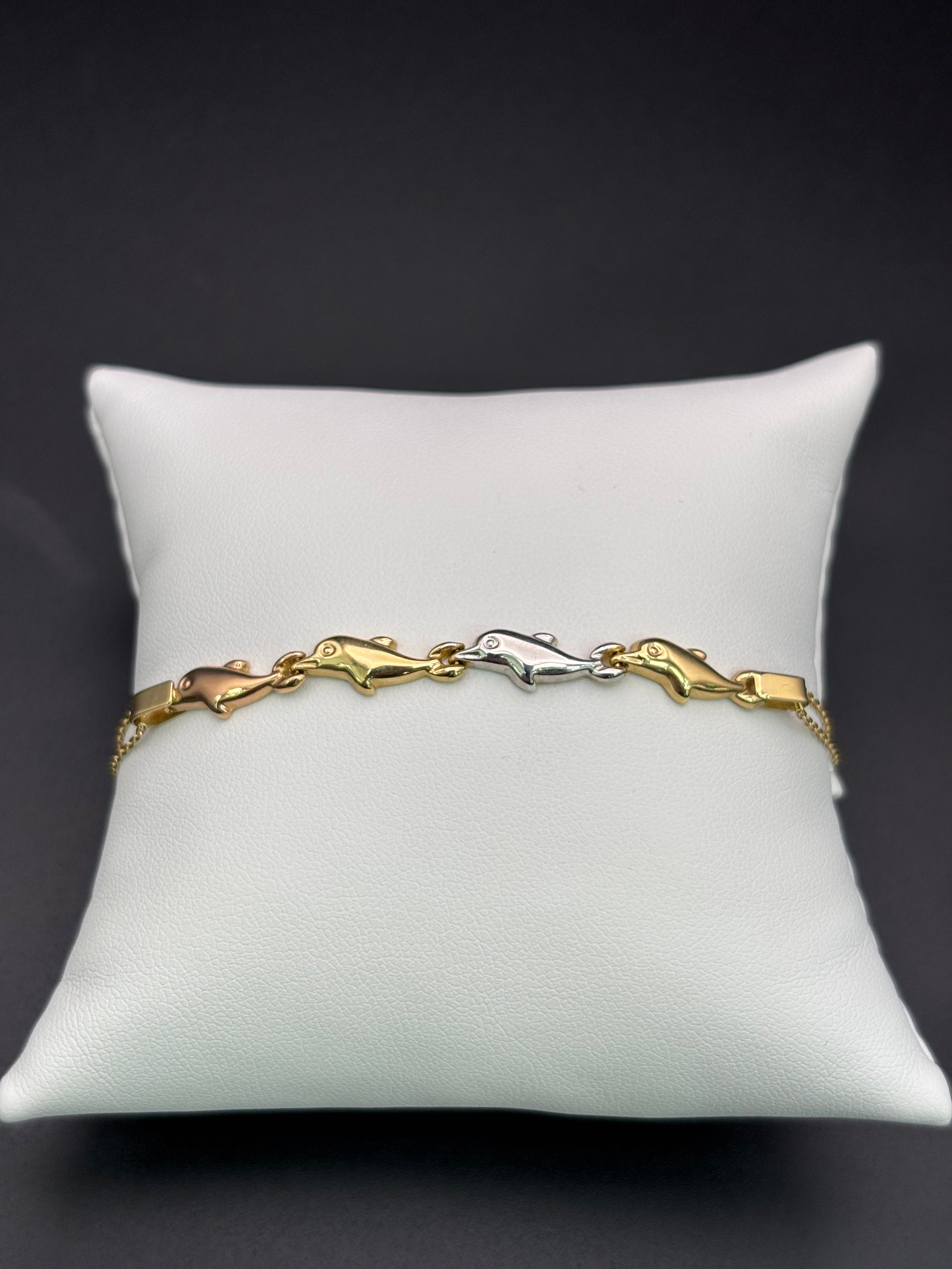 14k Solid Multi Tone Gold Fancy Bracelet Link Dolphins