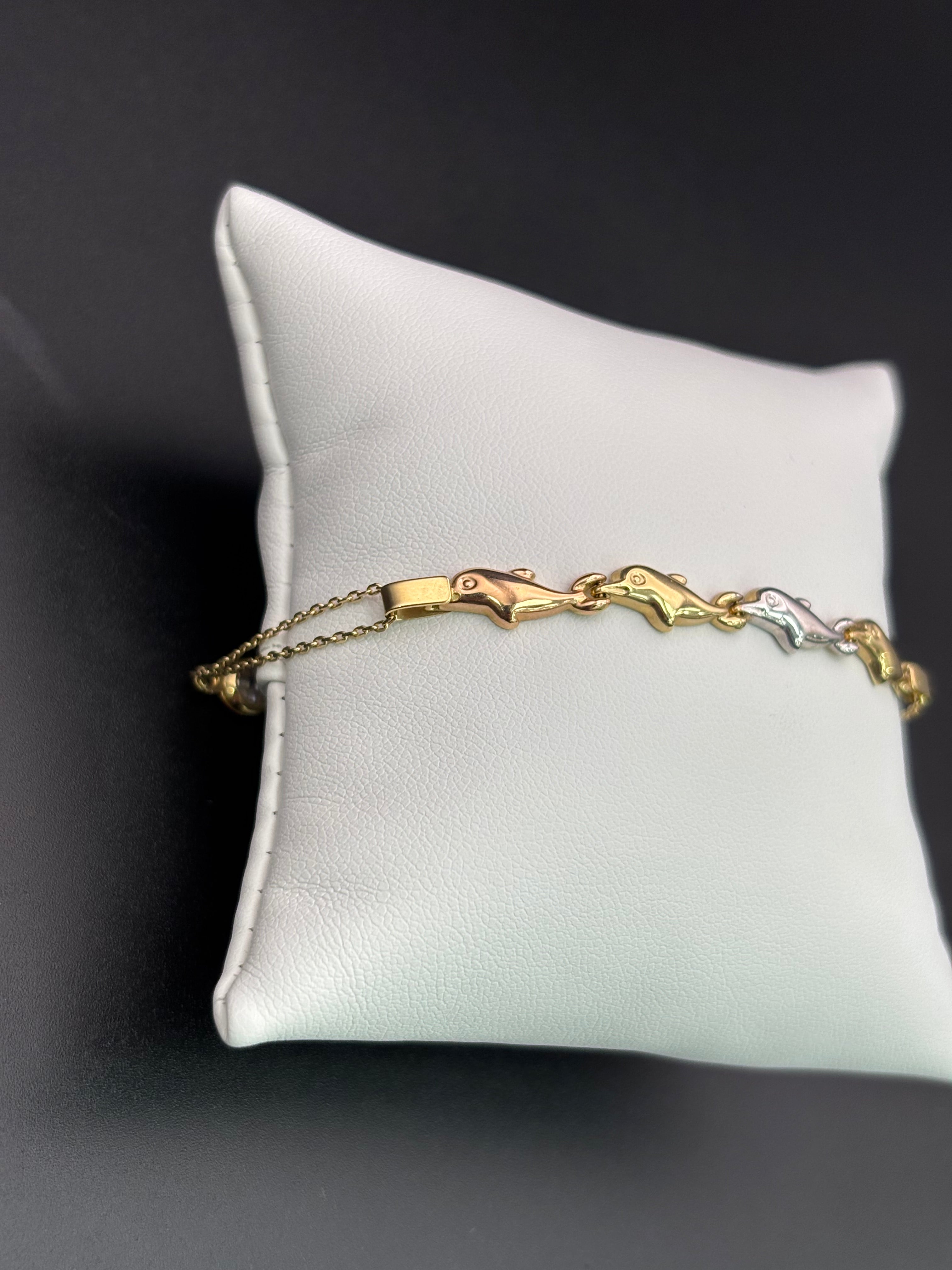 14k Solid Multi Tone Gold Fancy Bracelet Link Dolphins
