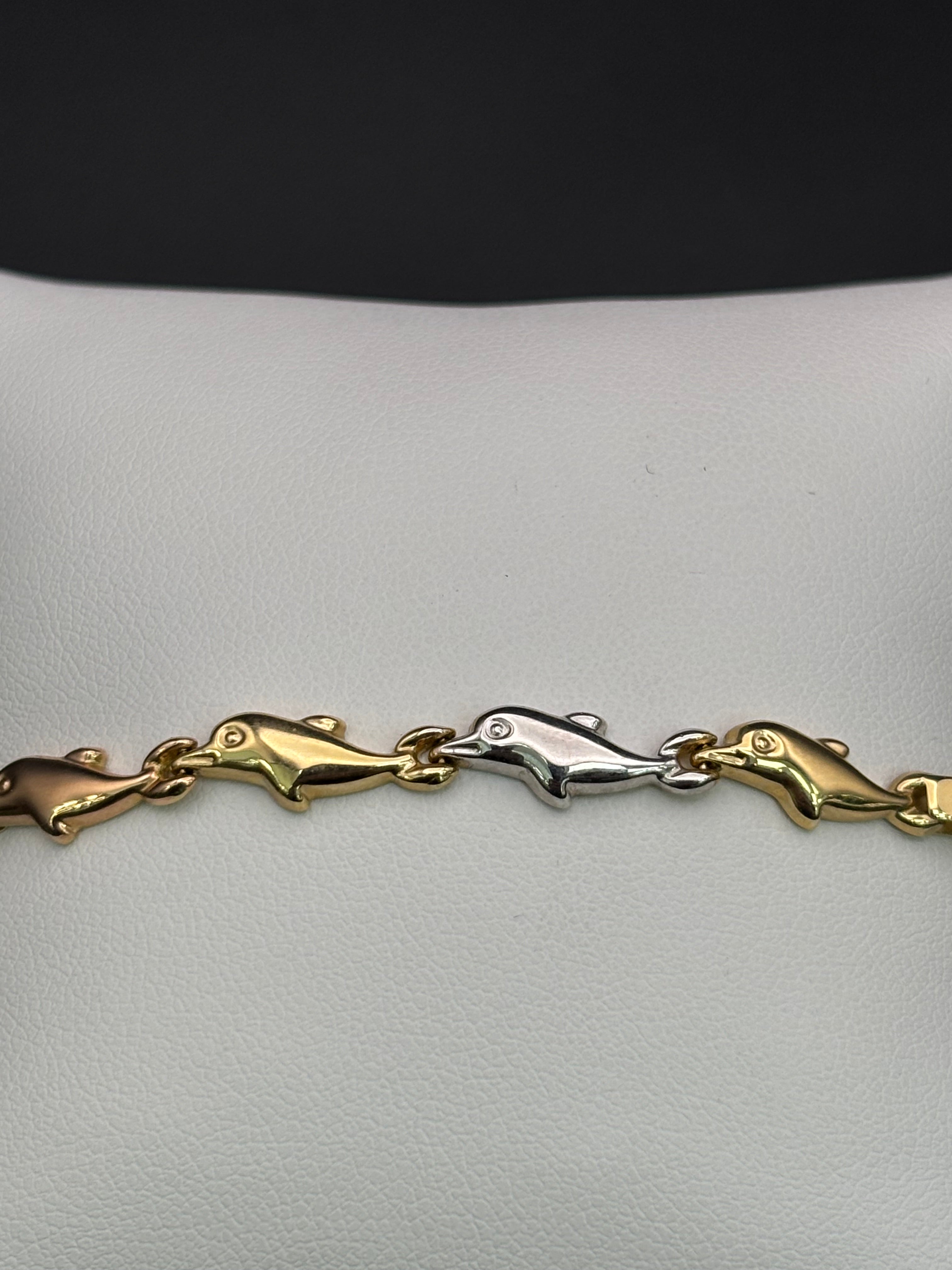 14k Solid Multi Tone Gold Fancy Bracelet Link Dolphins