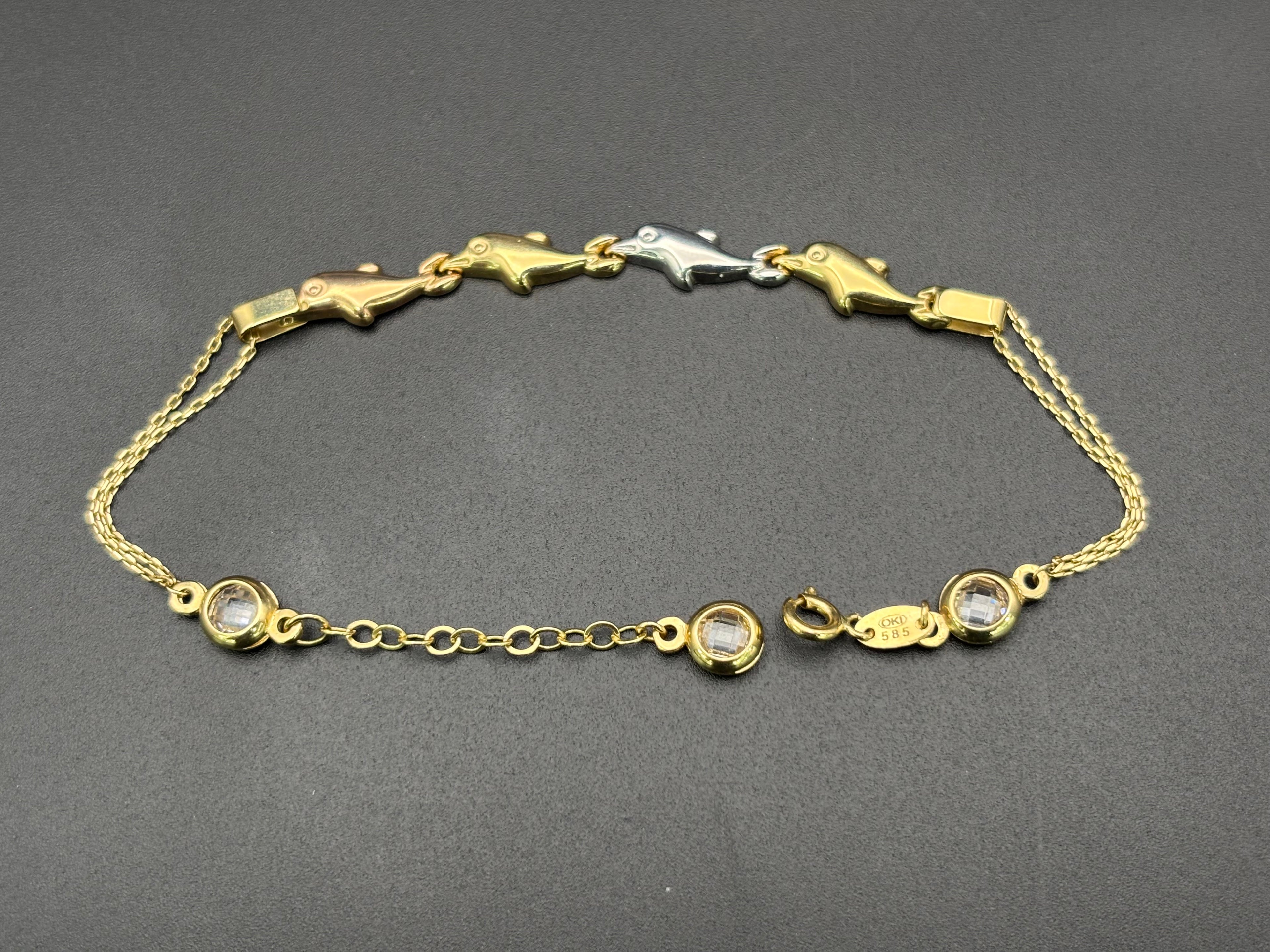 14k Solid Multi Tone Gold Fancy Bracelet Link Dolphins