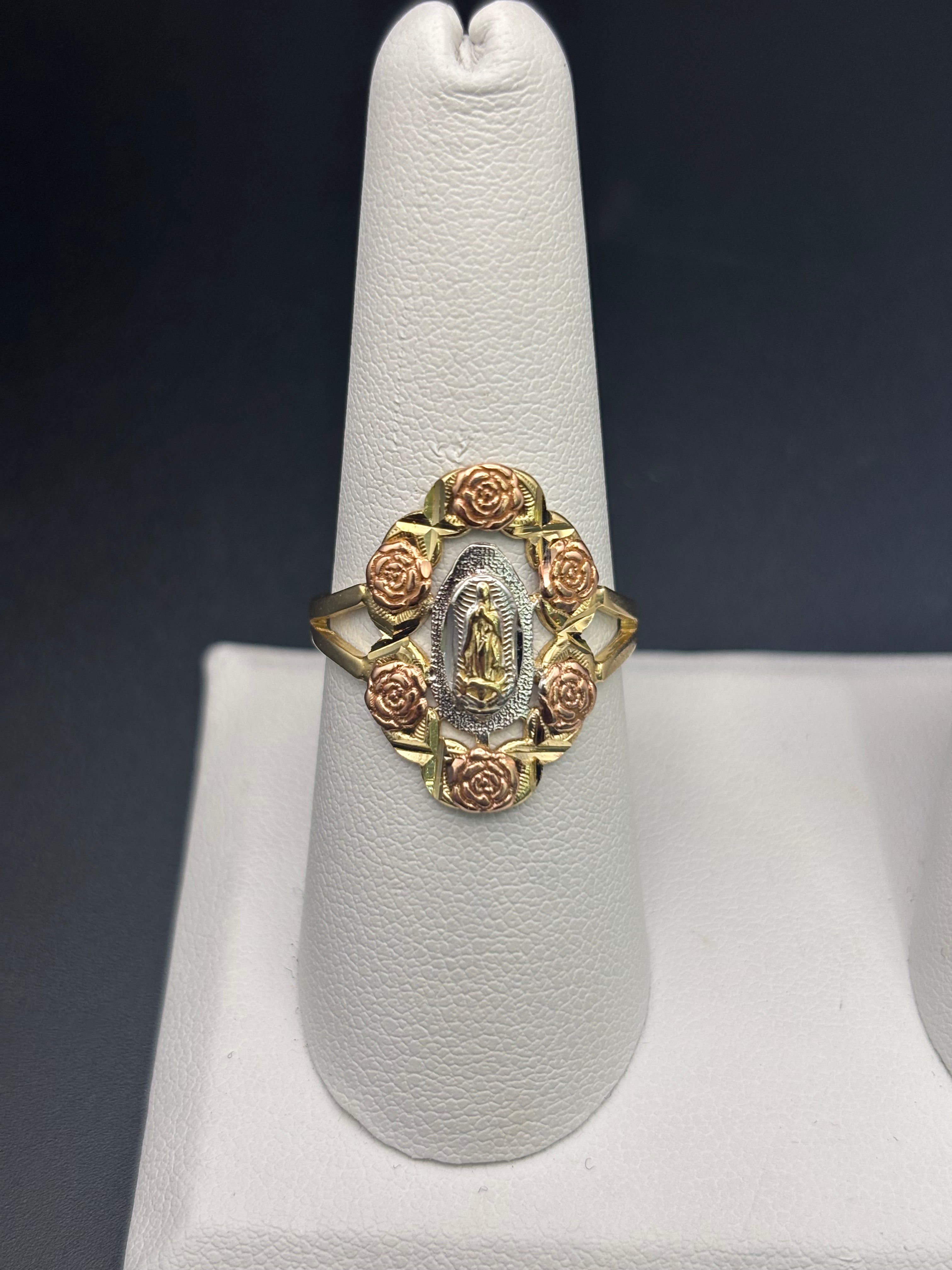 14k Solid Fine Italian Gold Ring Virgin Mary with Roses