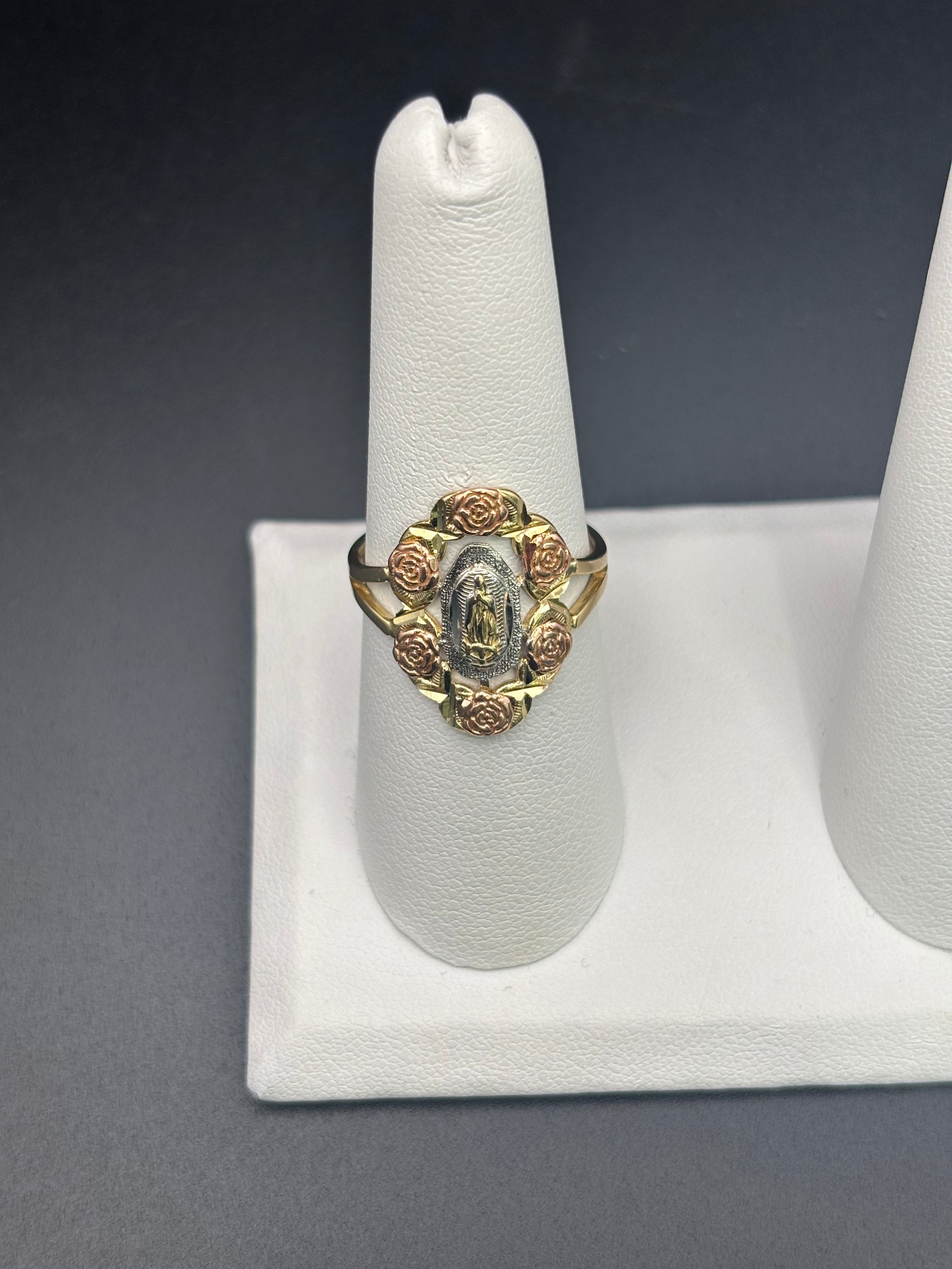 14k Solid Fine Italian Gold Ring Virgin Mary with Roses