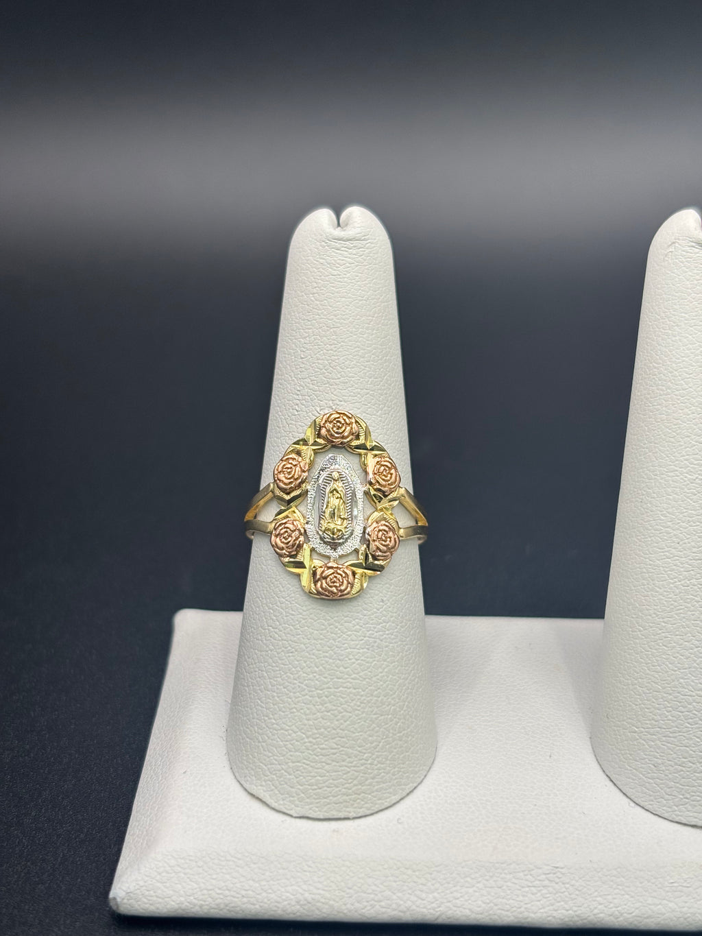 14k Solid Fine Italian Gold Ring Virgin Mary with Roses