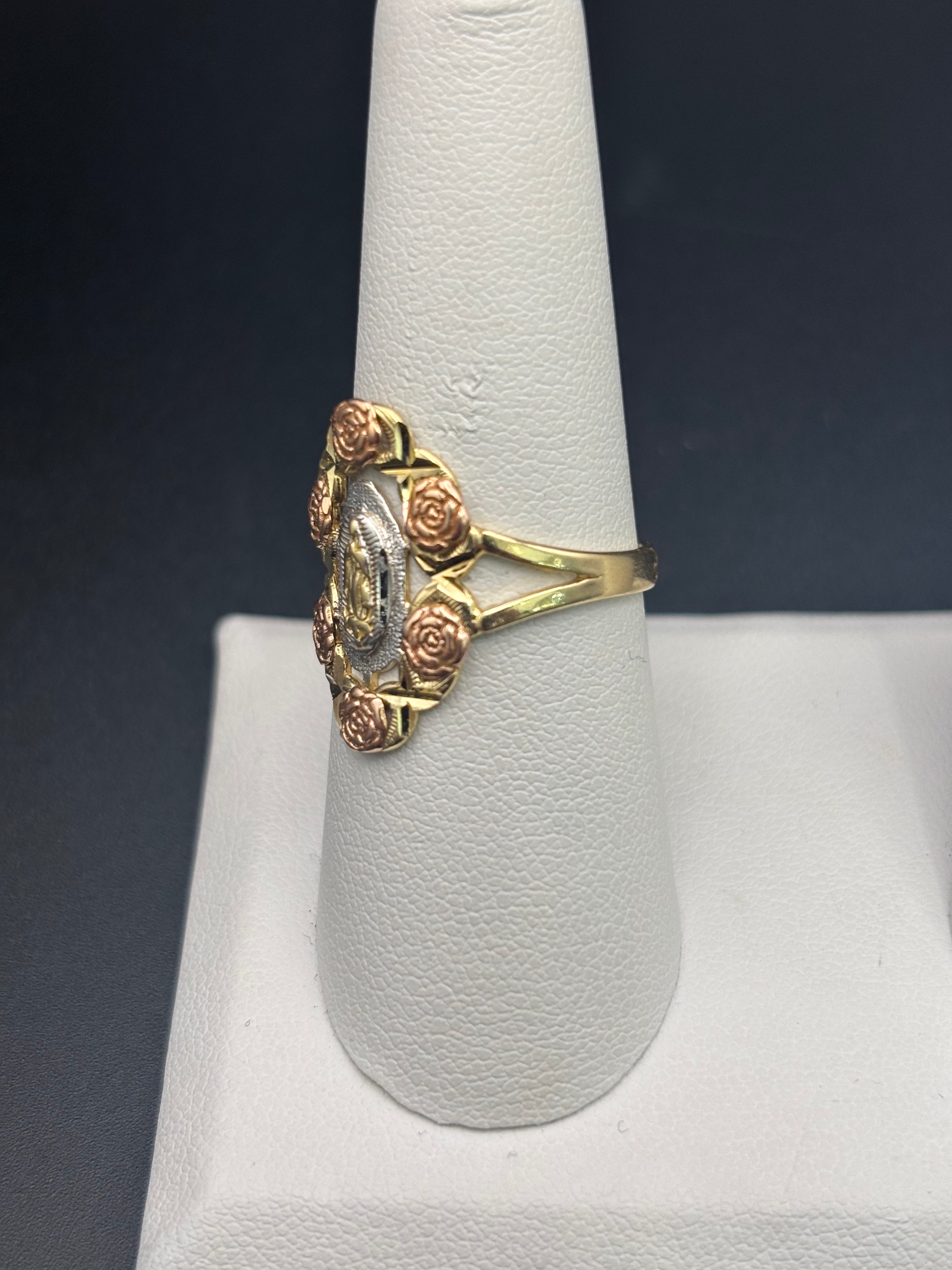 14k Solid Fine Italian Gold Ring Virgin Mary with Roses