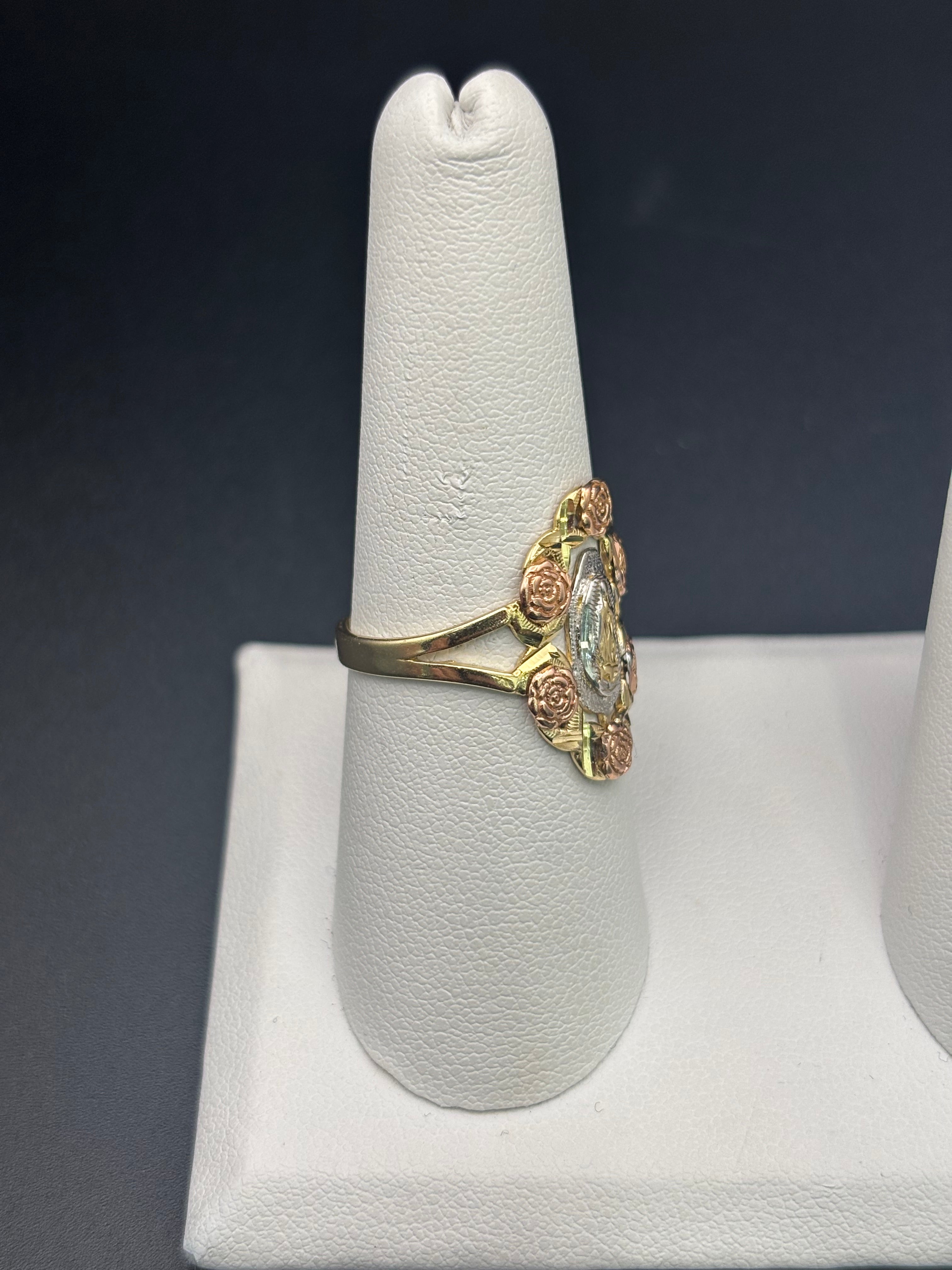 14k Solid Fine Italian Gold Ring Virgin Mary with Roses