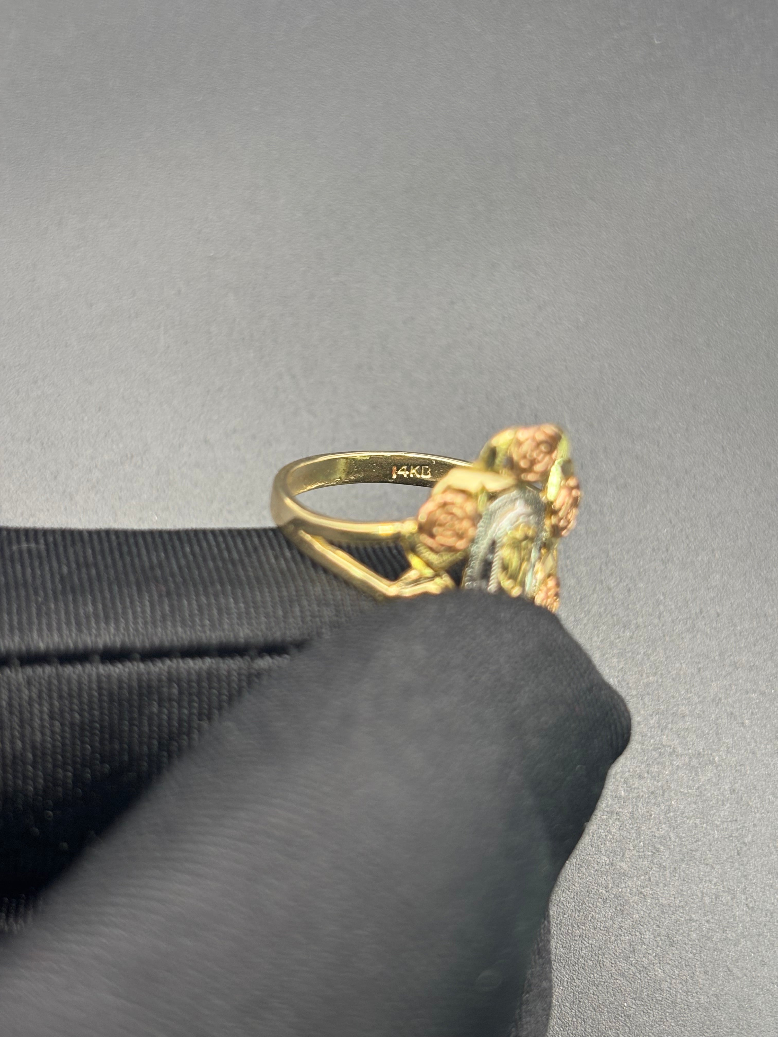 14k Solid Fine Italian Gold Ring Virgin Mary with Roses