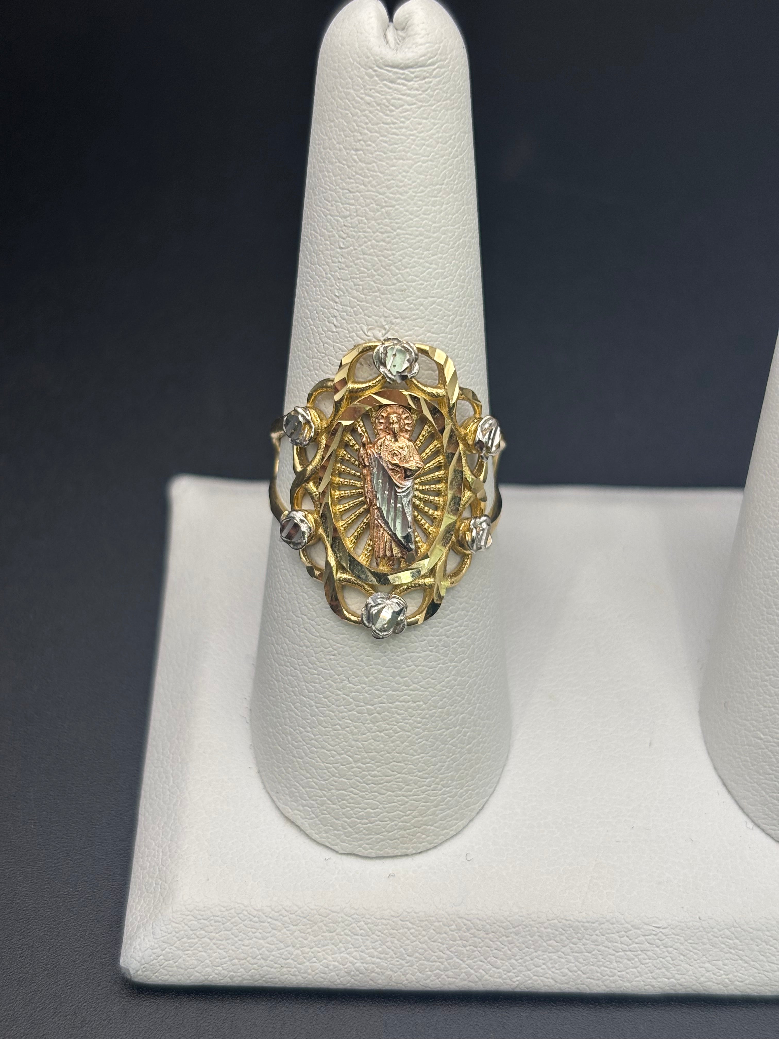 14k Solid Fine Italian Gold Ring San Judas with Roses