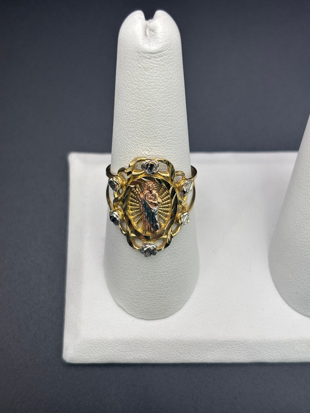 14k Solid Fine Italian Gold Ring San Judas with Roses