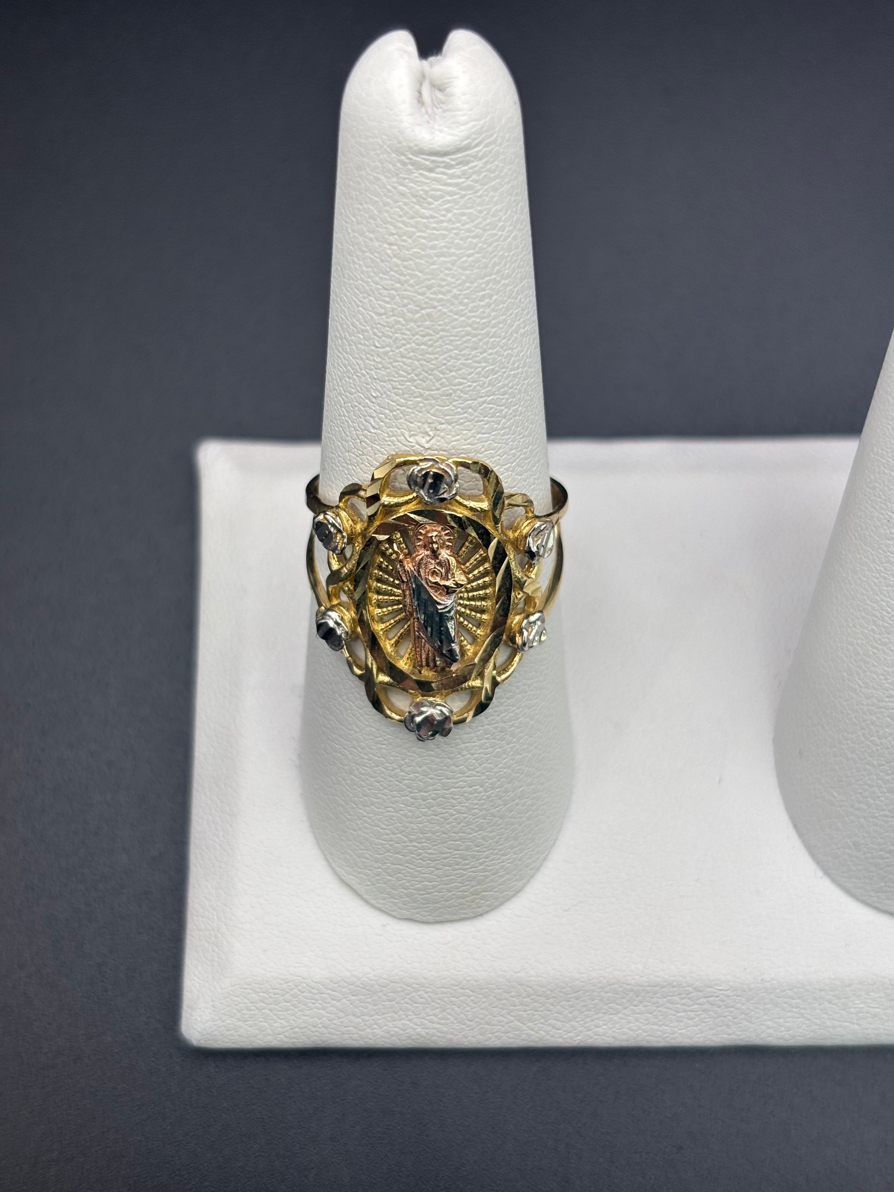 14k Solid Fine Italian Gold Ring San Judas with Roses