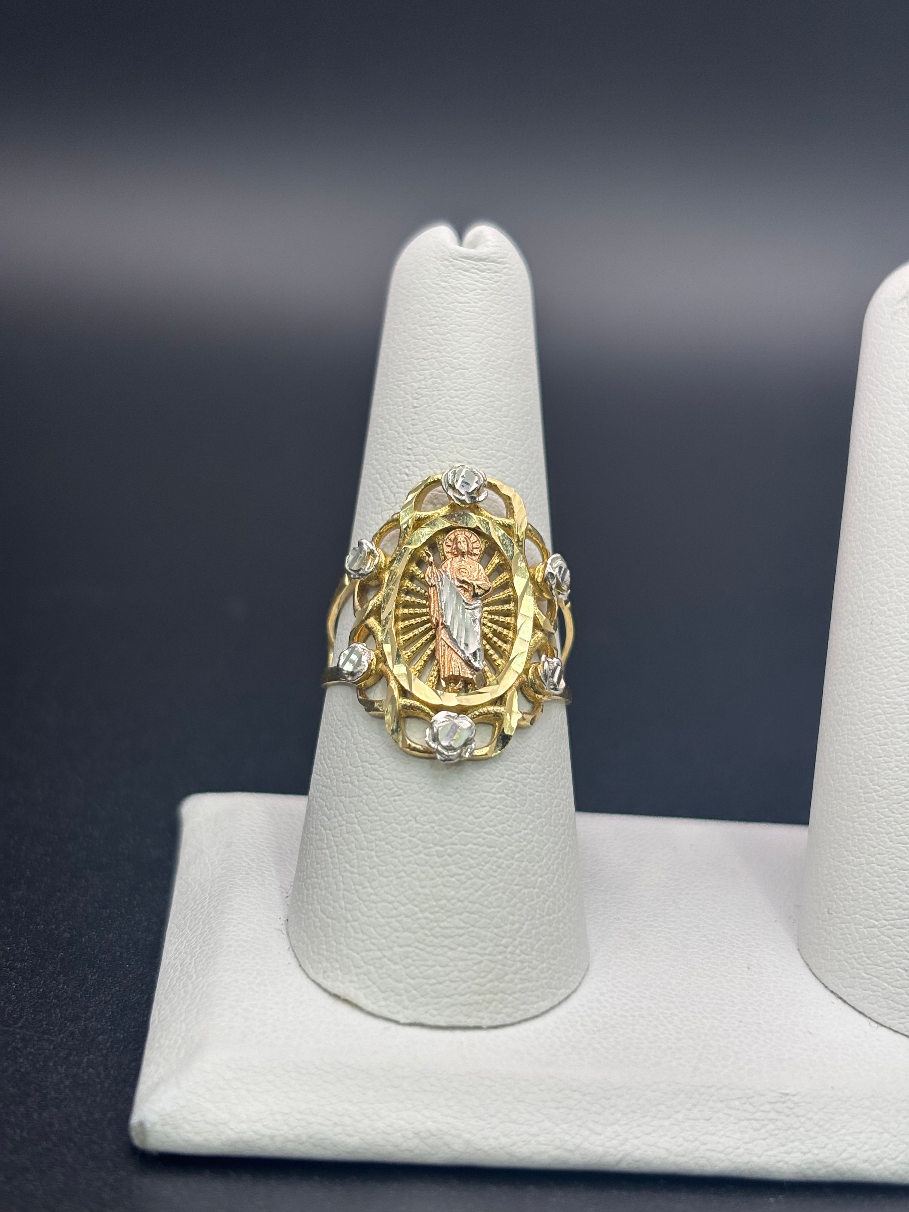 14k Solid Fine Italian Gold Ring San Judas with Roses