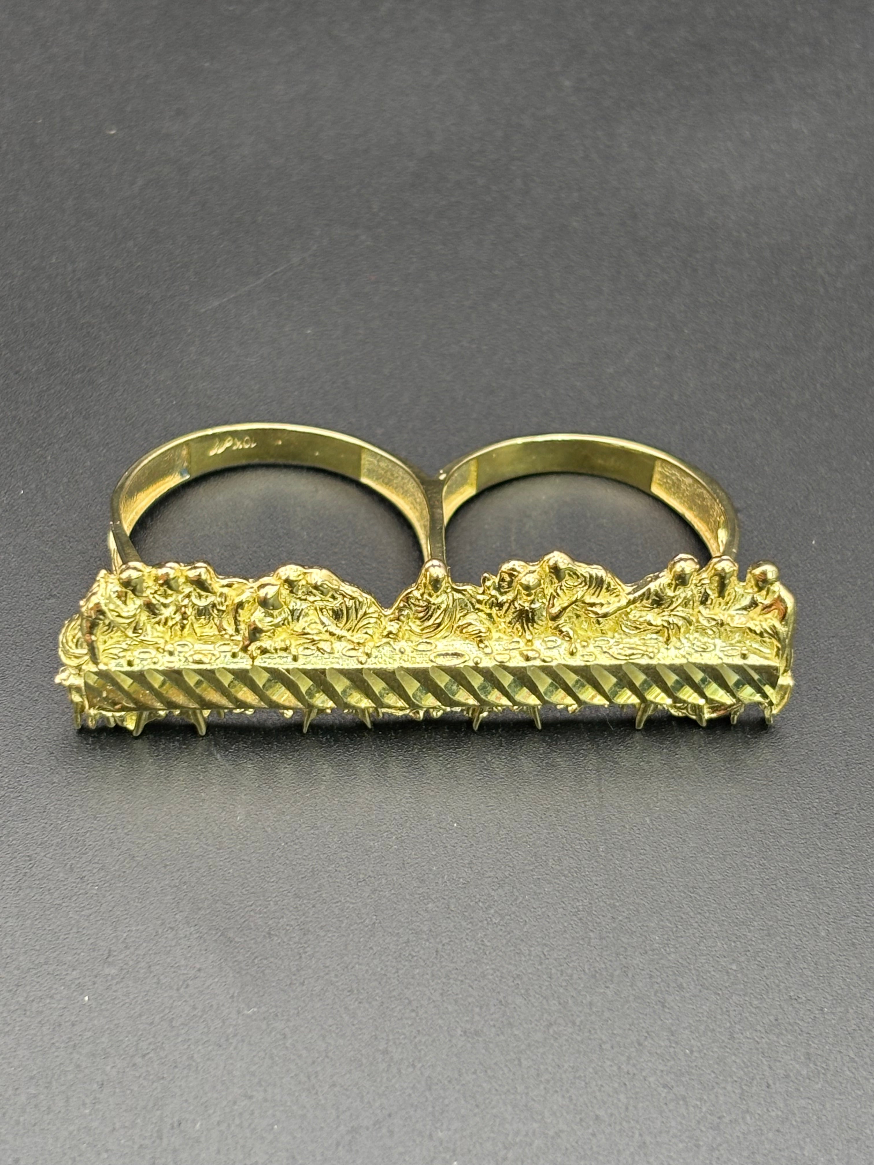 10k Solid Gold Two Finger Ring Last Supper Ring Size 9.25 & 11