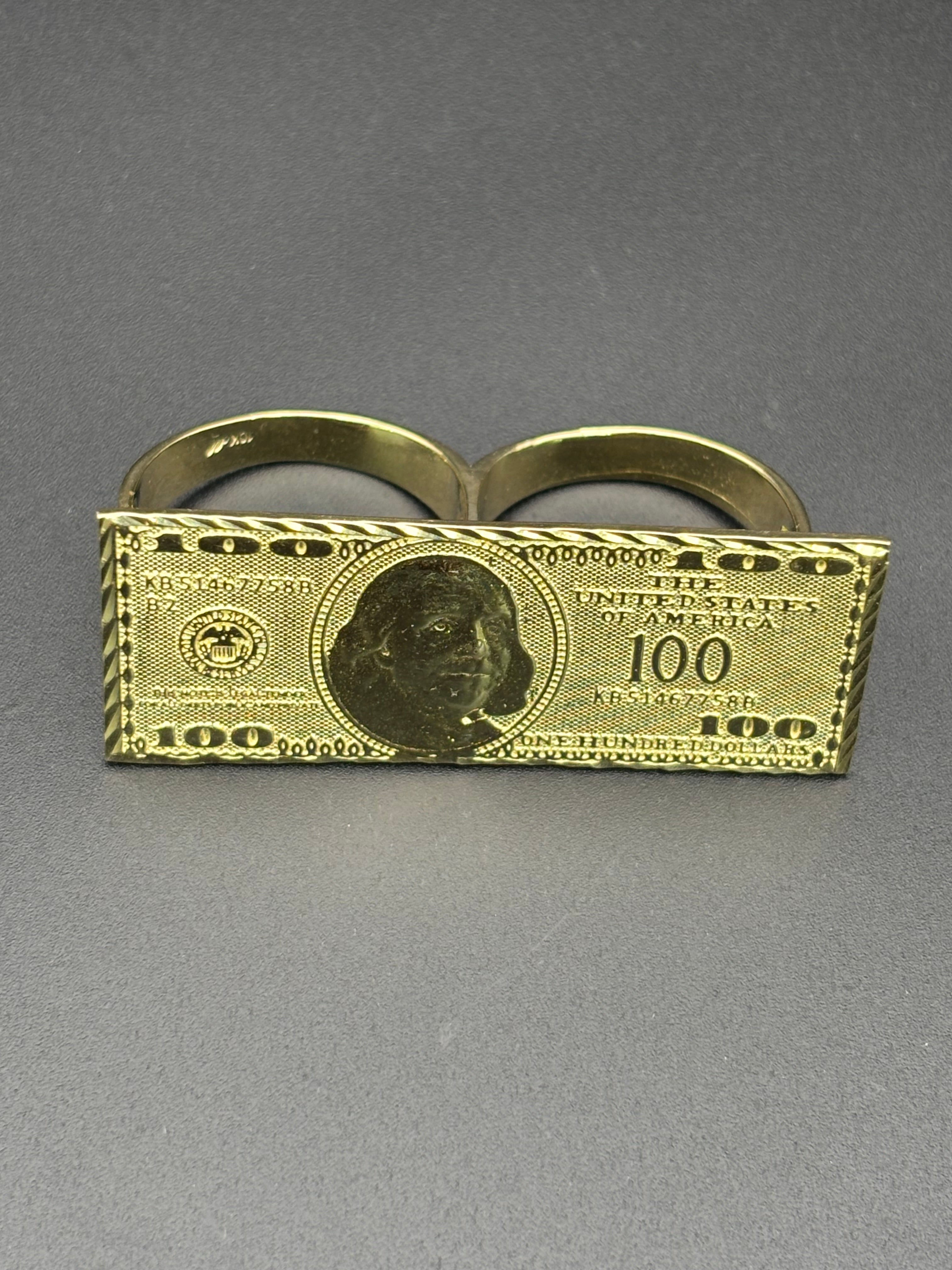 10k Solid Gold Two Finger Ring 100 Dollar Bill Ring Size 10.75 & 11.5