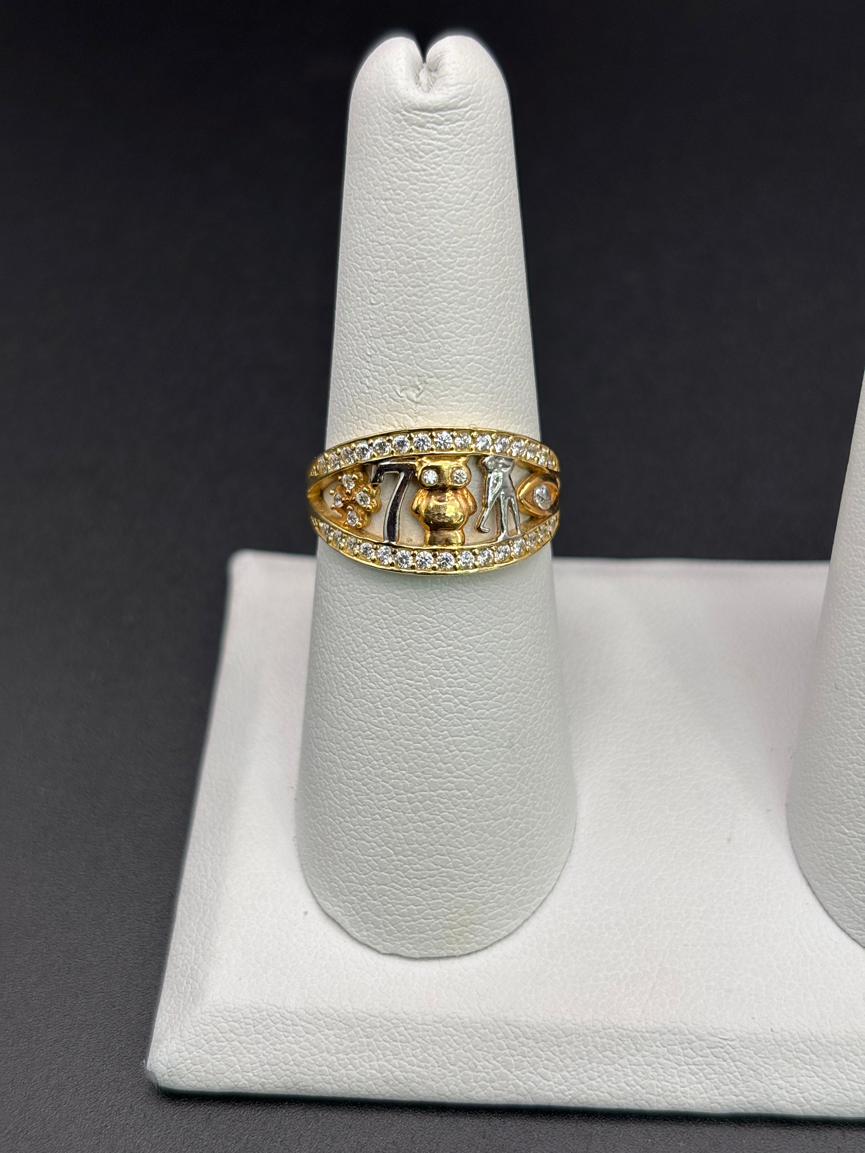 14k Solid Gold Ring Owl Seven Clover Good Luck