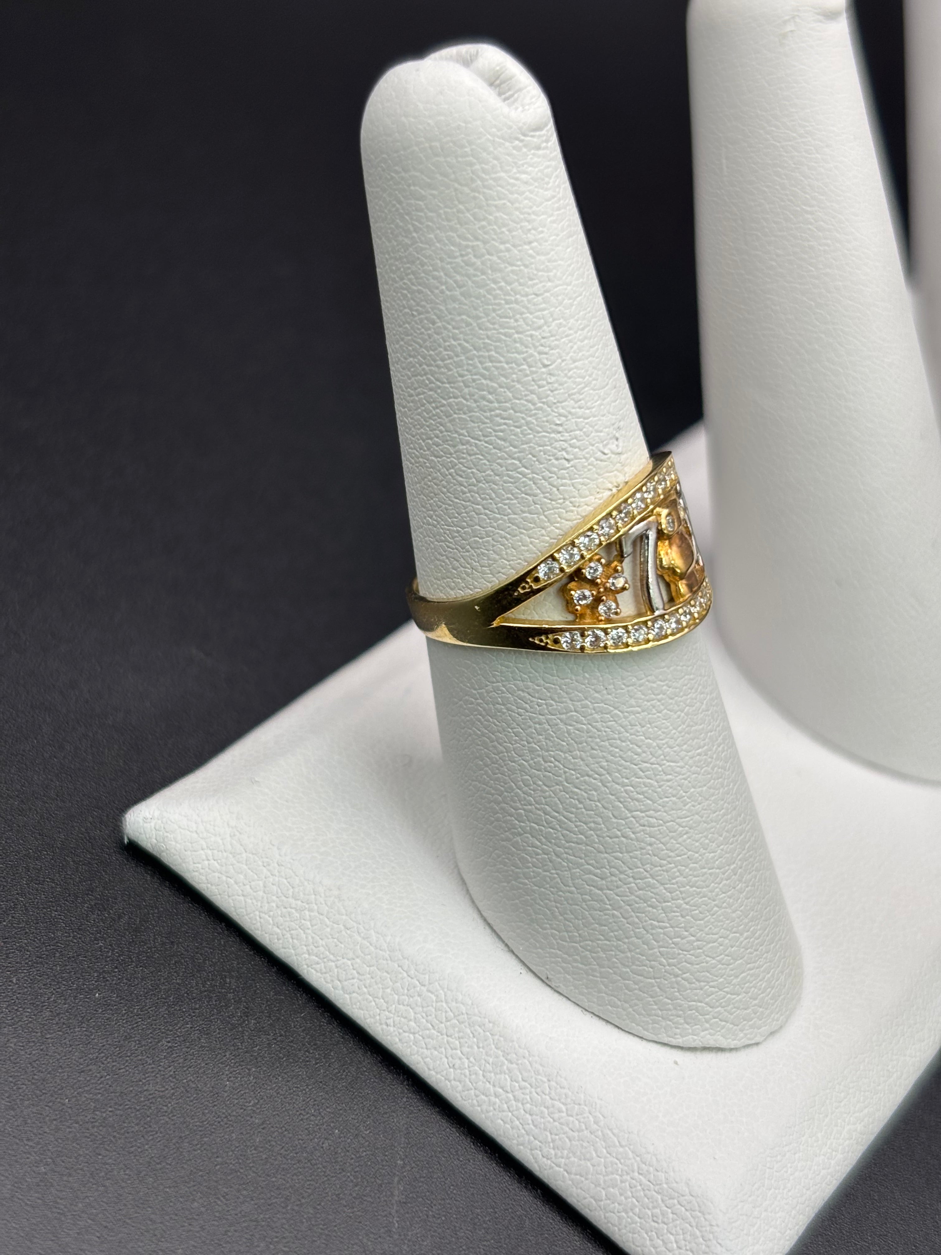 14k Solid Gold Ring Owl Seven Clover Good Luck