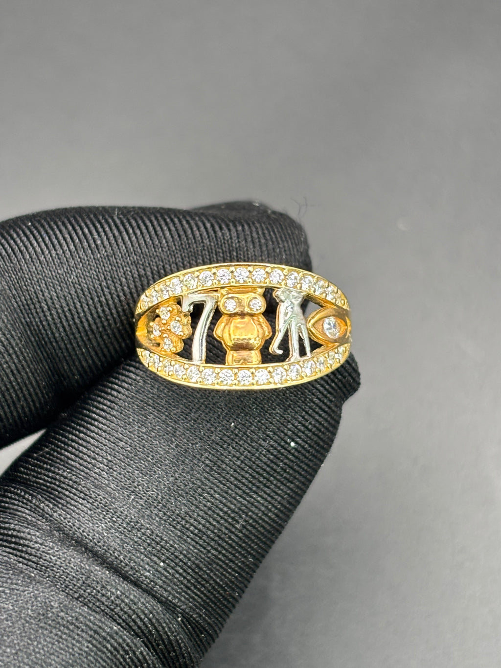 14k Solid Gold Ring Owl Seven Clover Good Luck