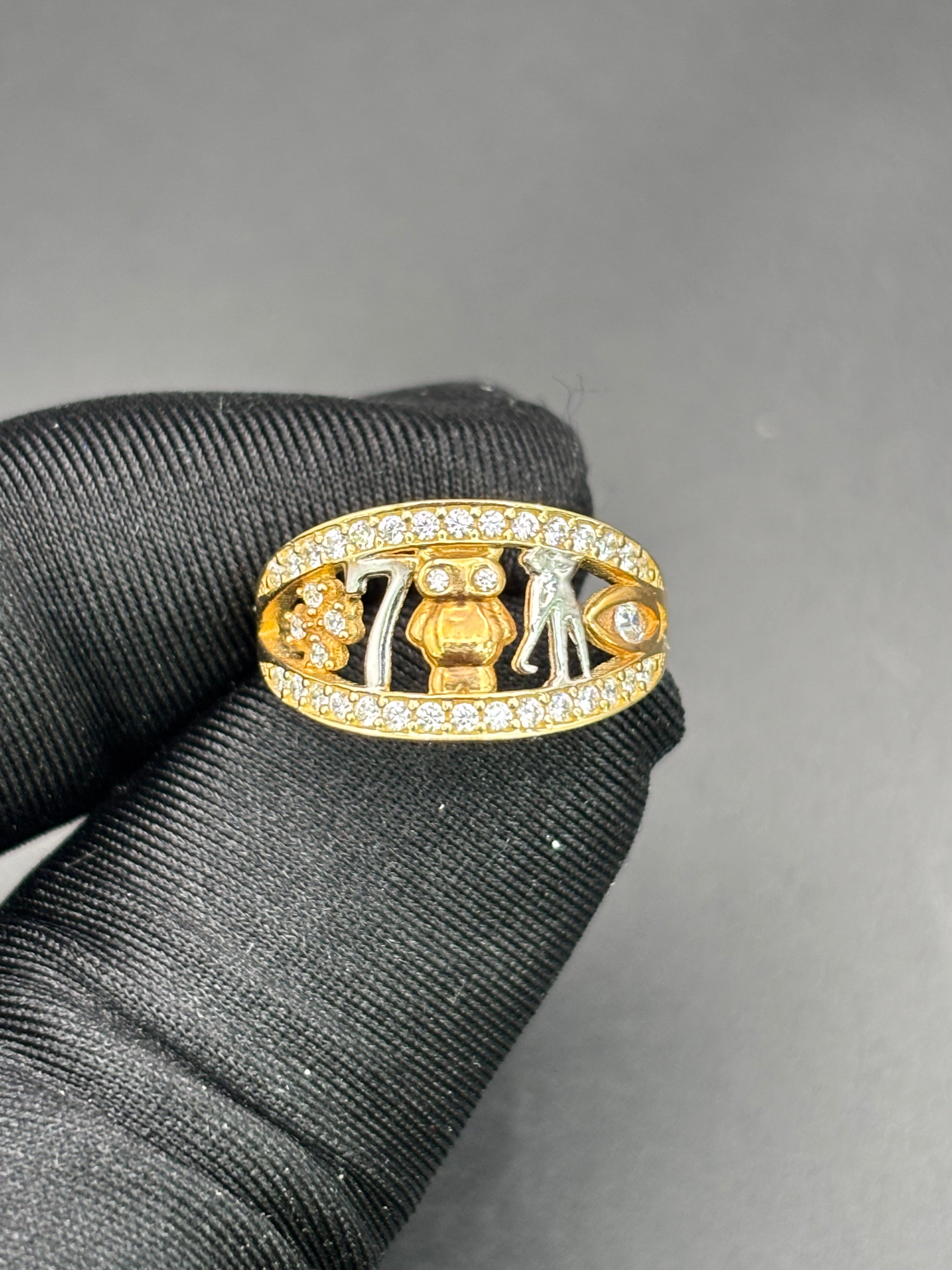 14k Solid Gold Ring Owl Seven Clover Good Luck