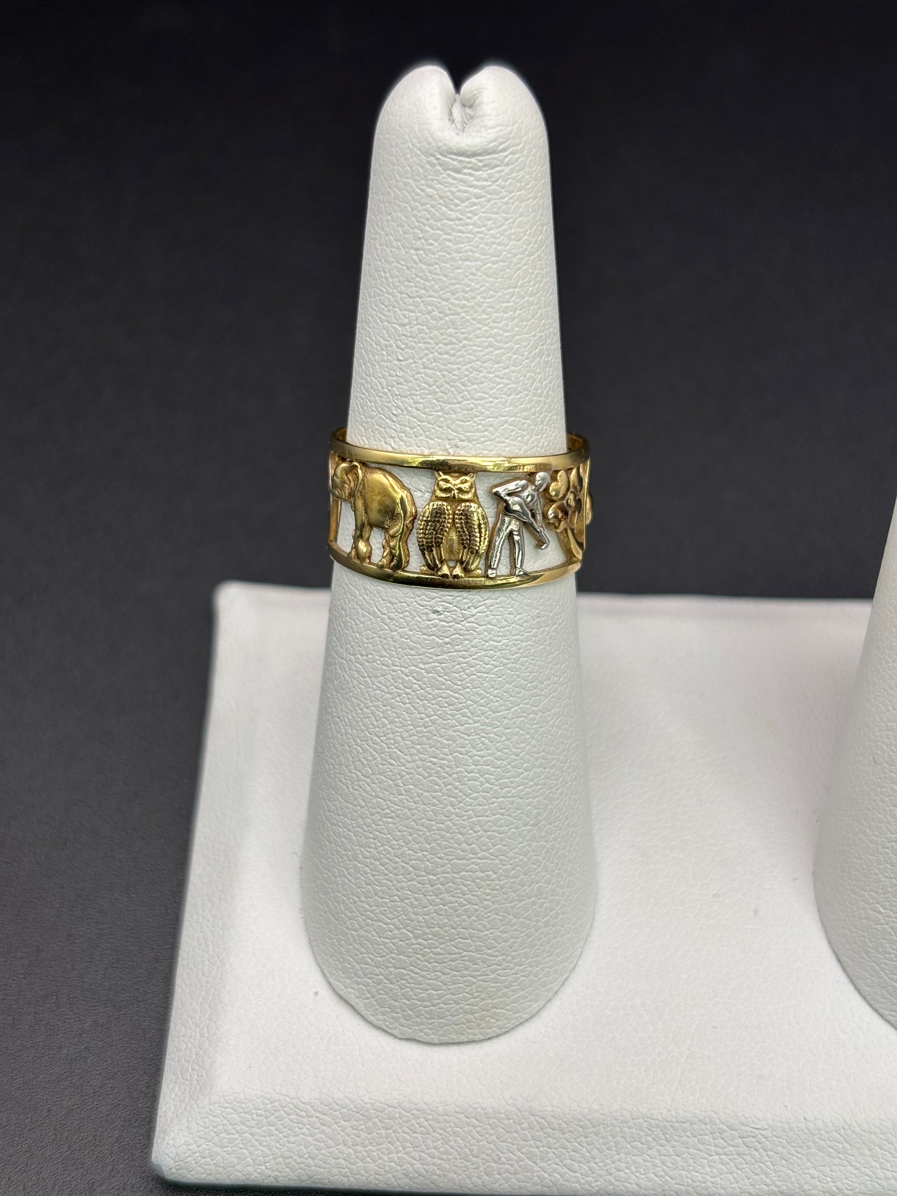 14k Solid Gold Ring Owl Elephant Seven Clover Good Luck