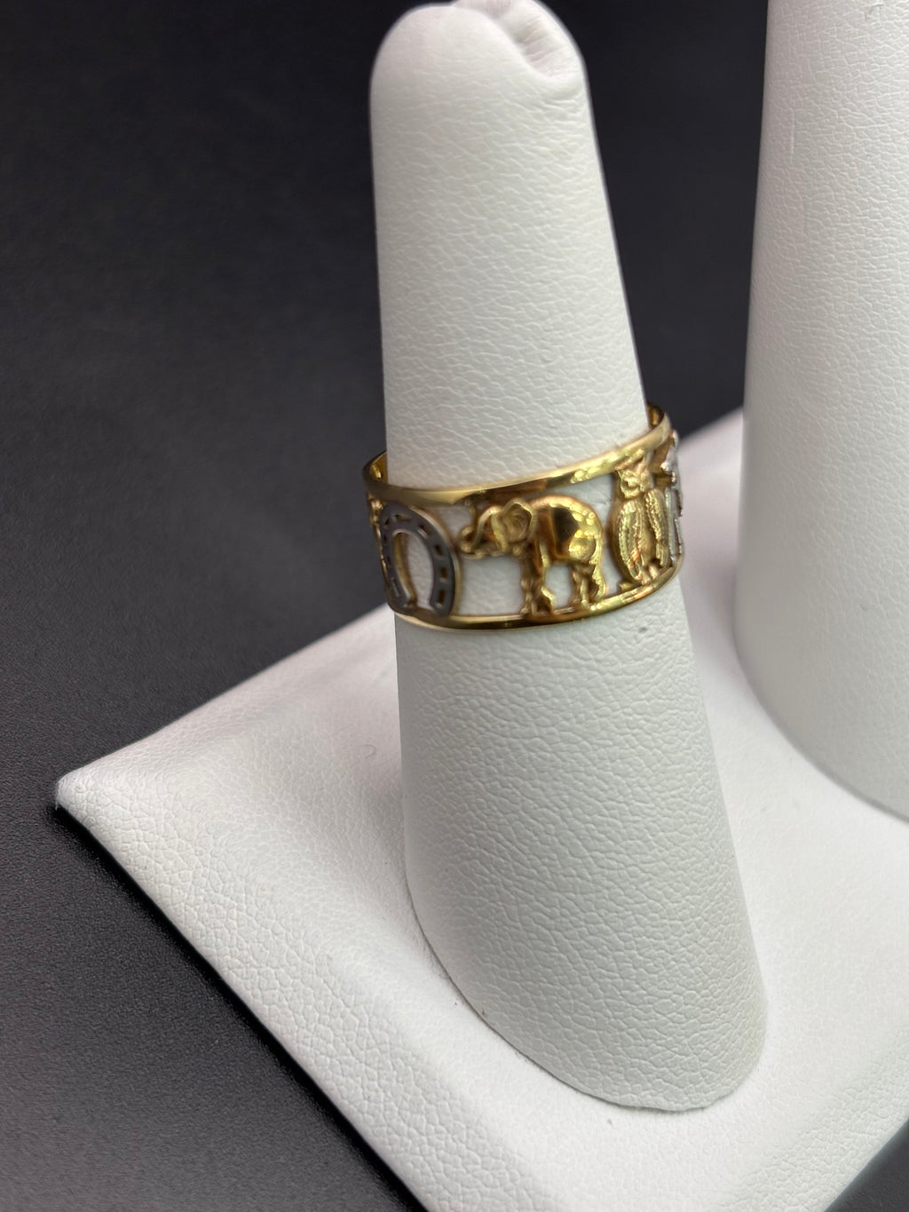 14k Solid Gold Ring Owl Elephant Seven Clover Good Luck