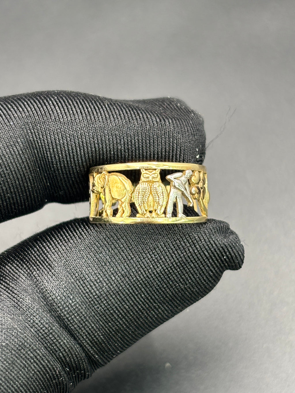 14k Solid Gold Ring Owl Elephant Seven Clover Good Luck