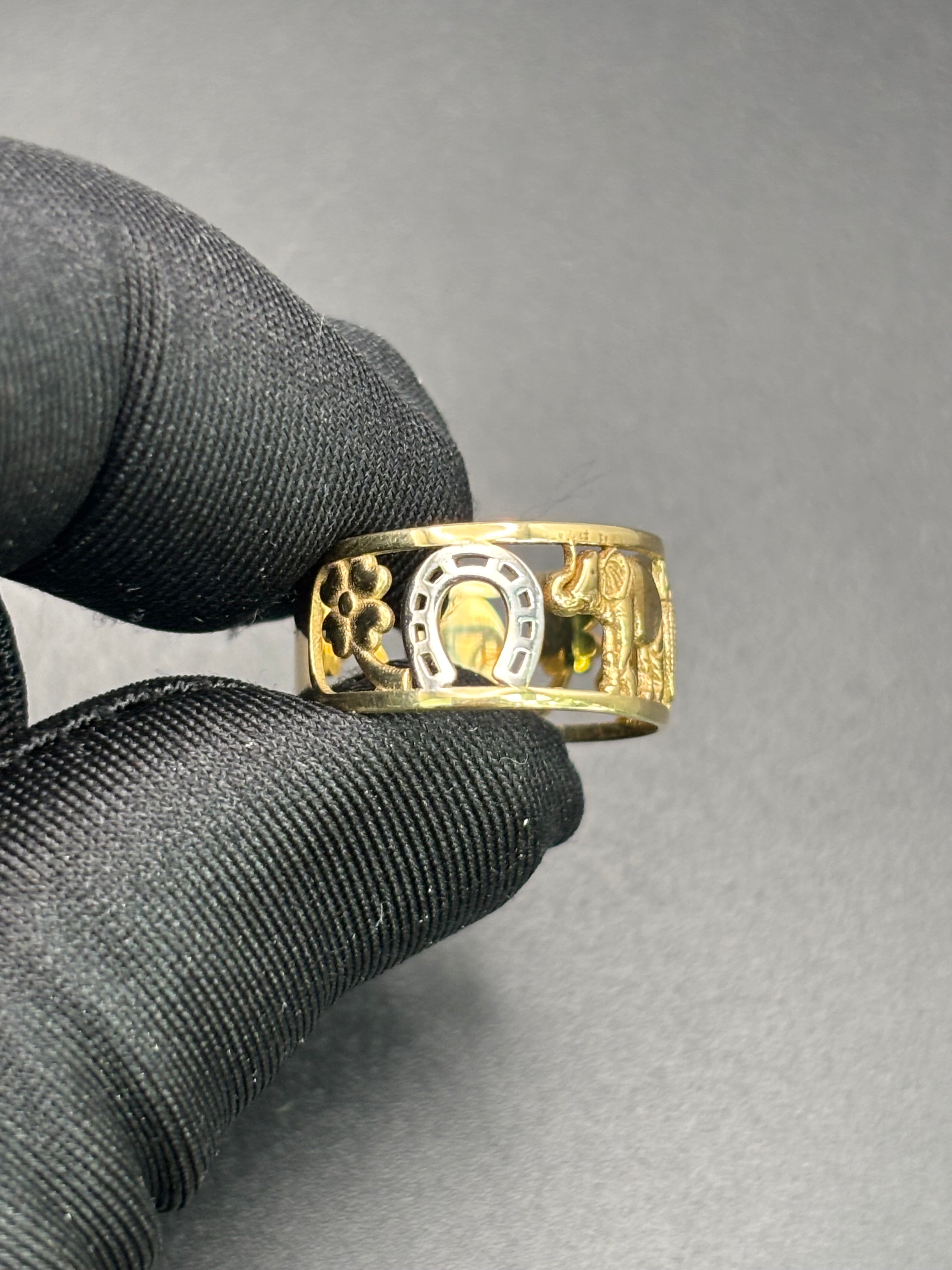 14k Solid Gold Ring Owl Elephant Seven Clover Good Luck