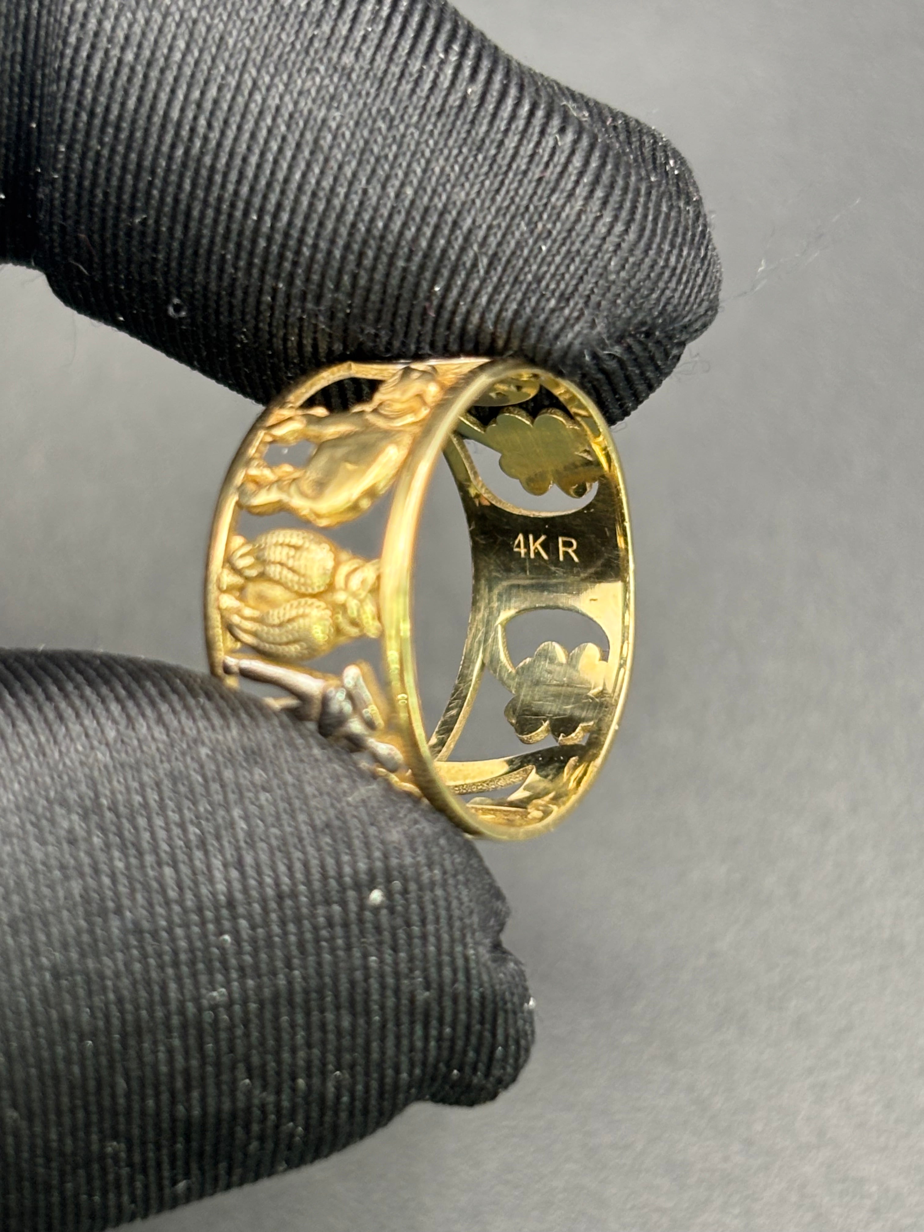 14k Solid Gold Ring Owl Elephant Seven Clover Good Luck