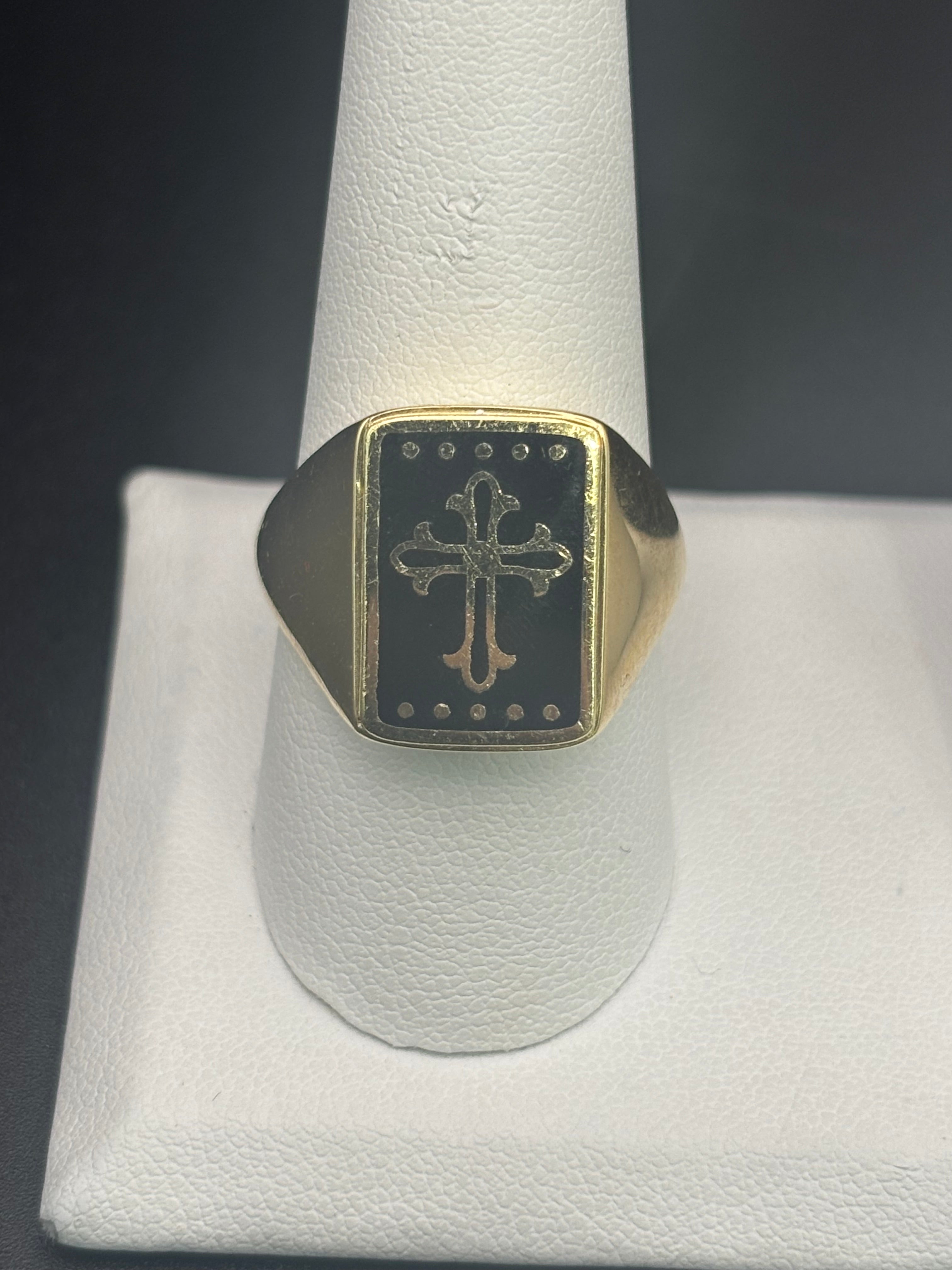 14k Solid Gold Ring Cross Black