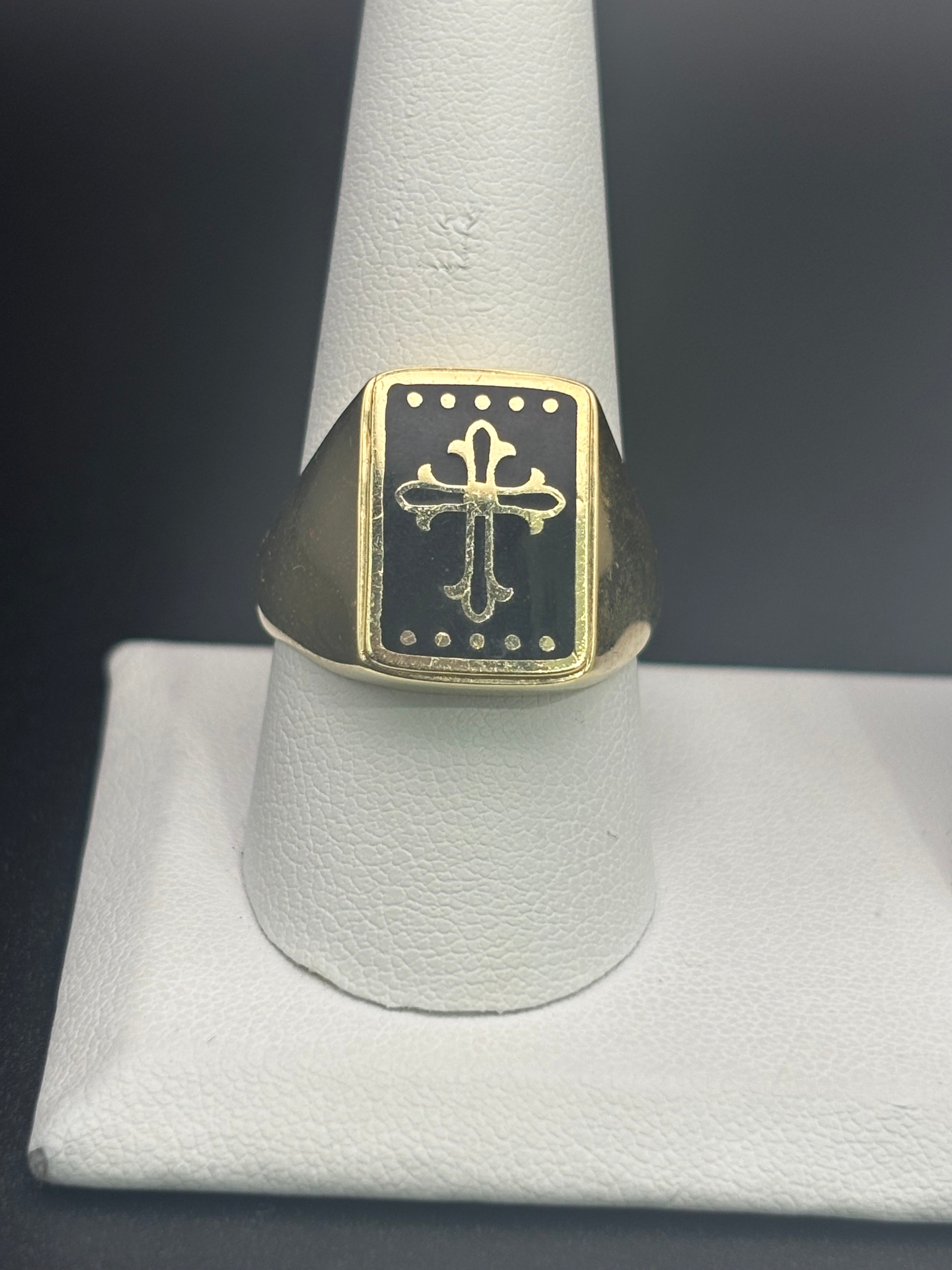 14k Solid Gold Ring Cross Black