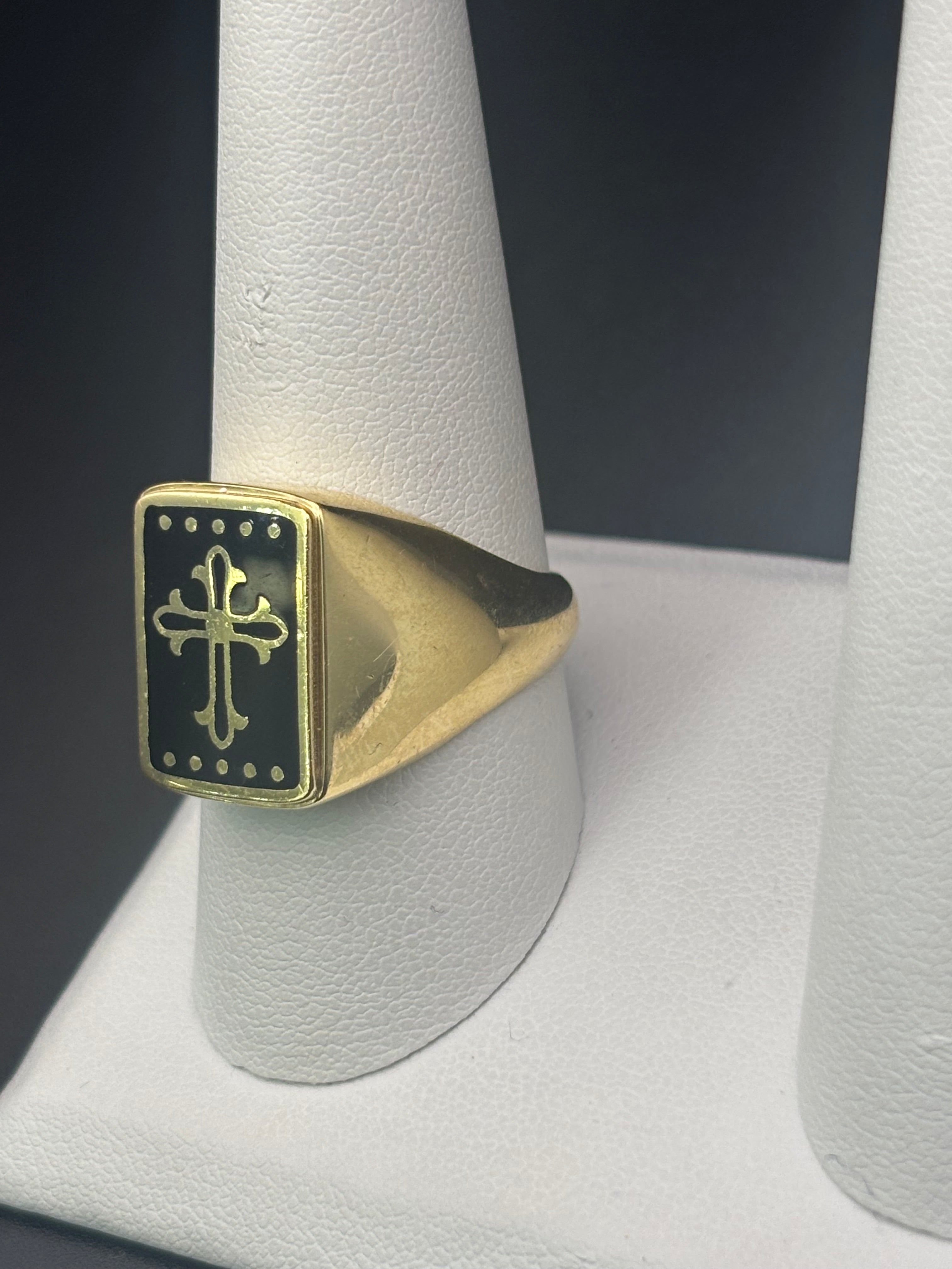 14k Solid Gold Ring Cross Black
