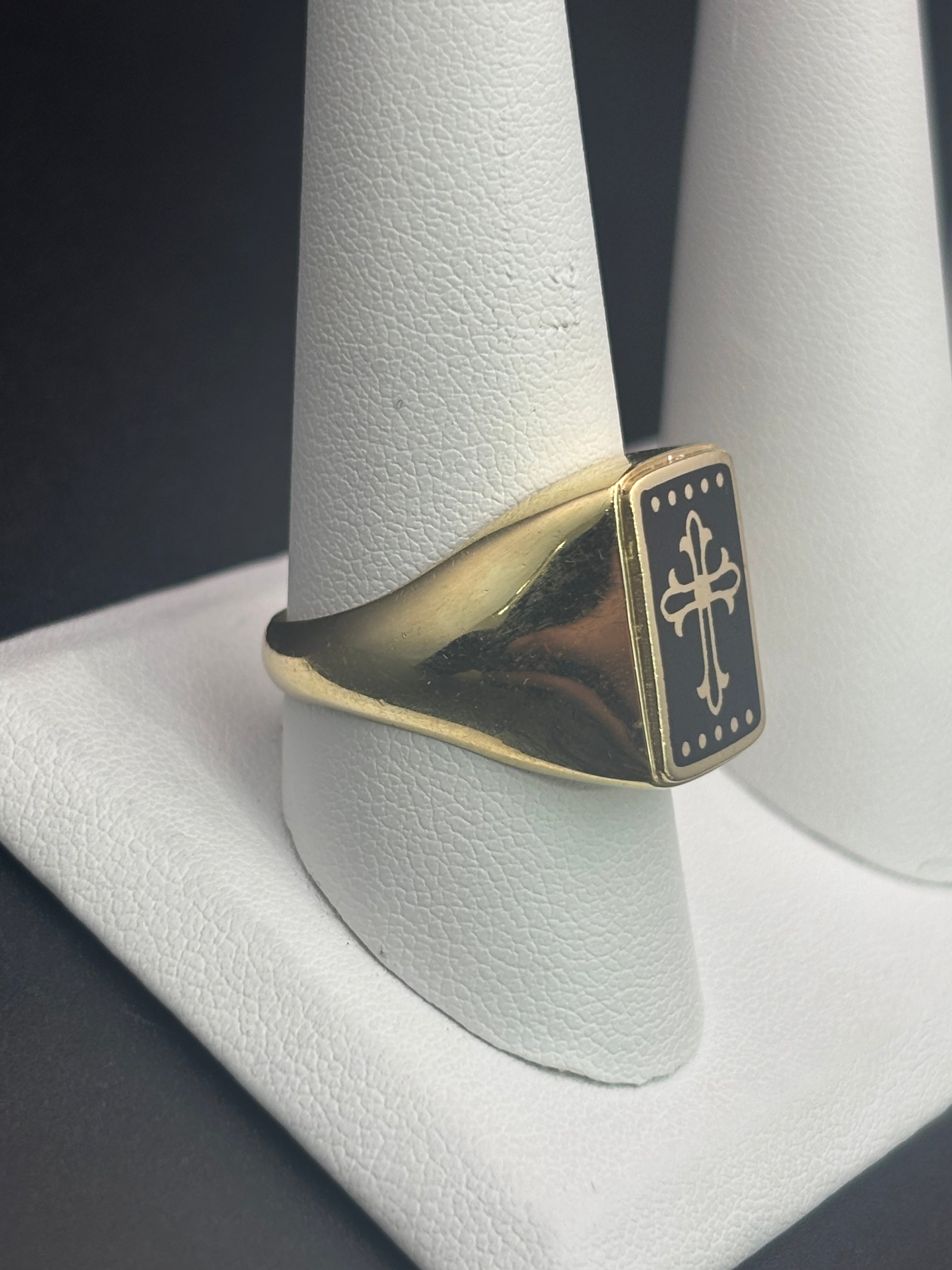 14k Solid Gold Ring Cross Black