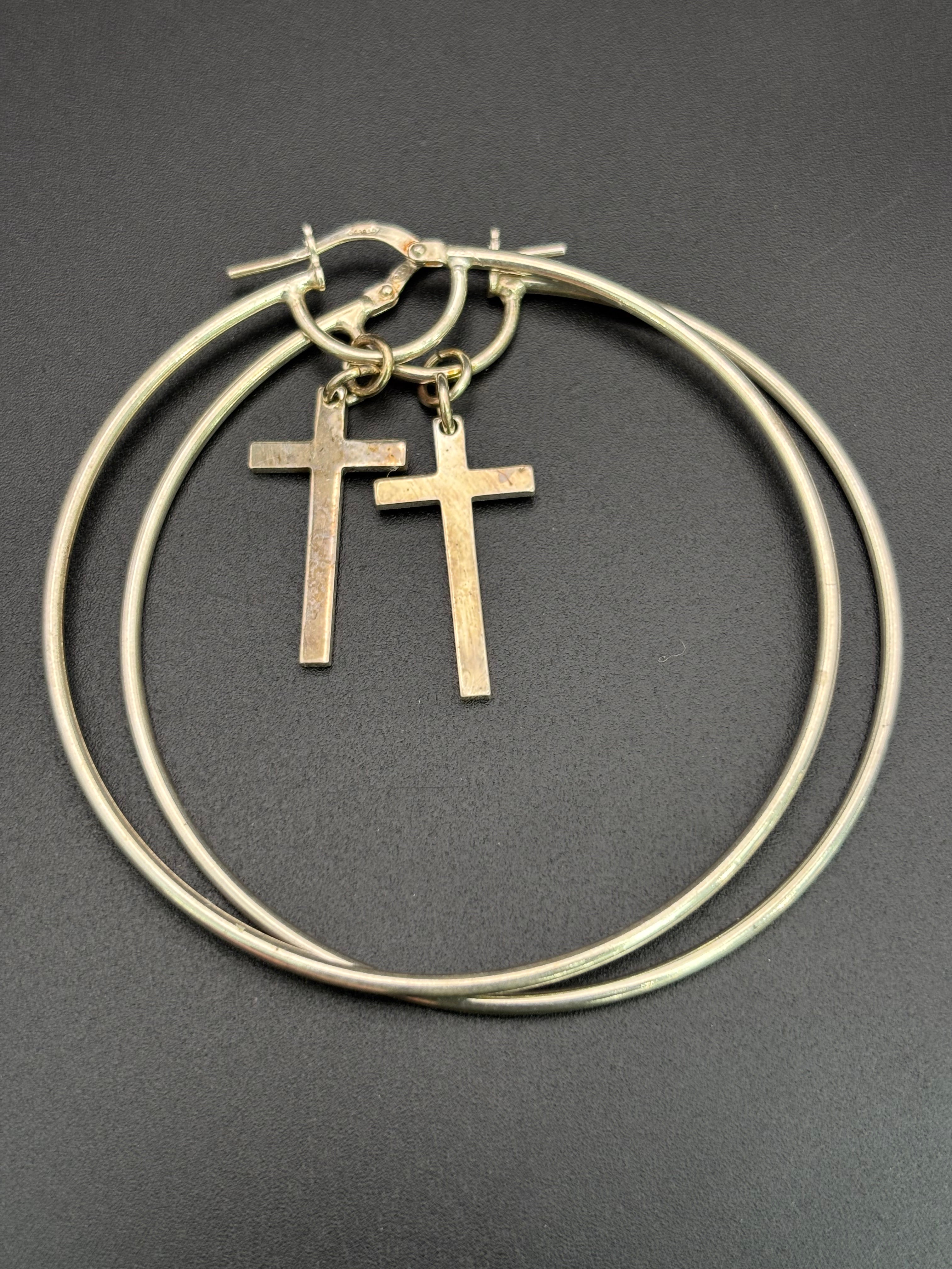 925 Silver Hoop Earrings with Cross