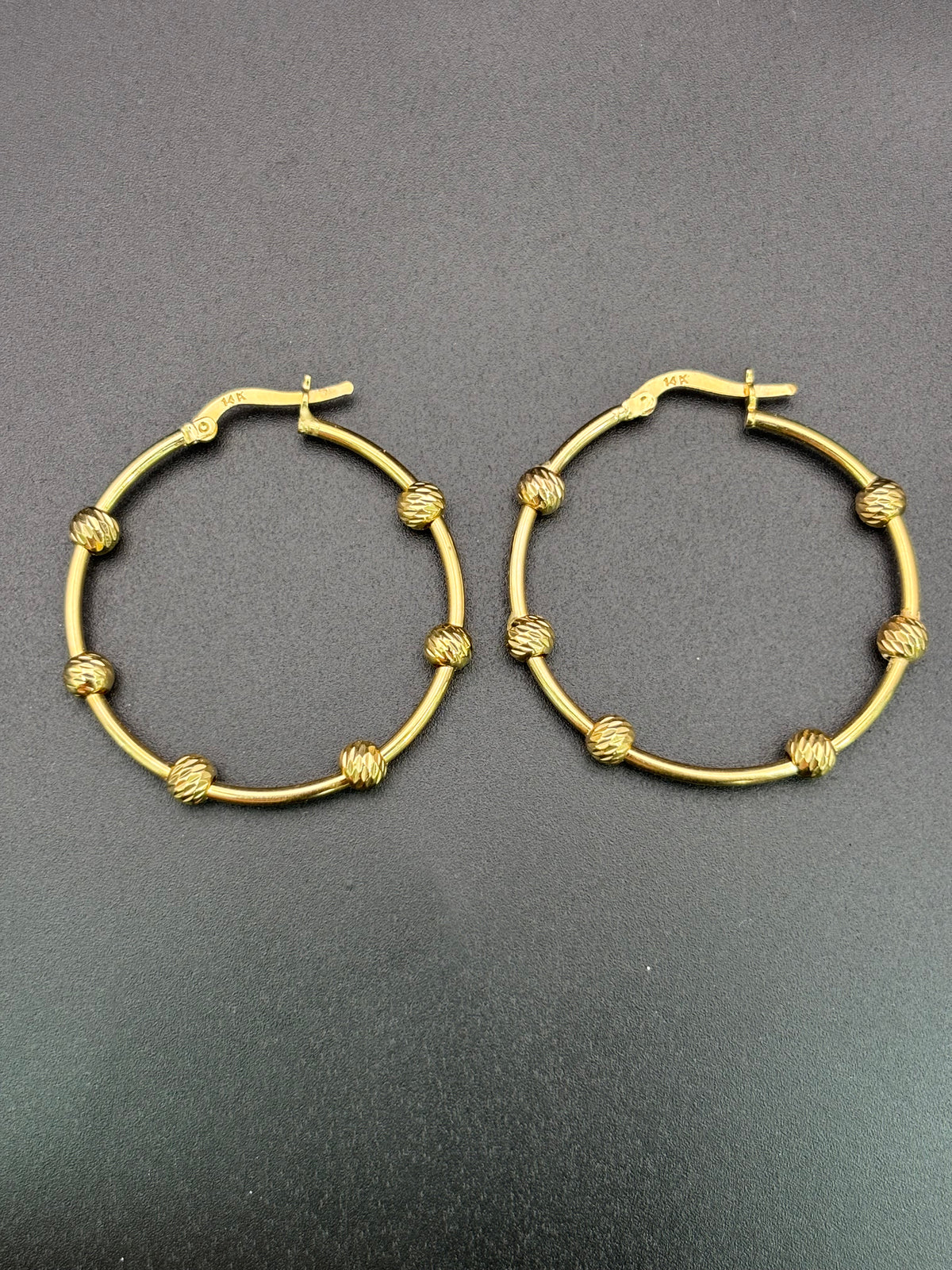 14k Solid Gold Hoop Earrings with Beads Gold Balls