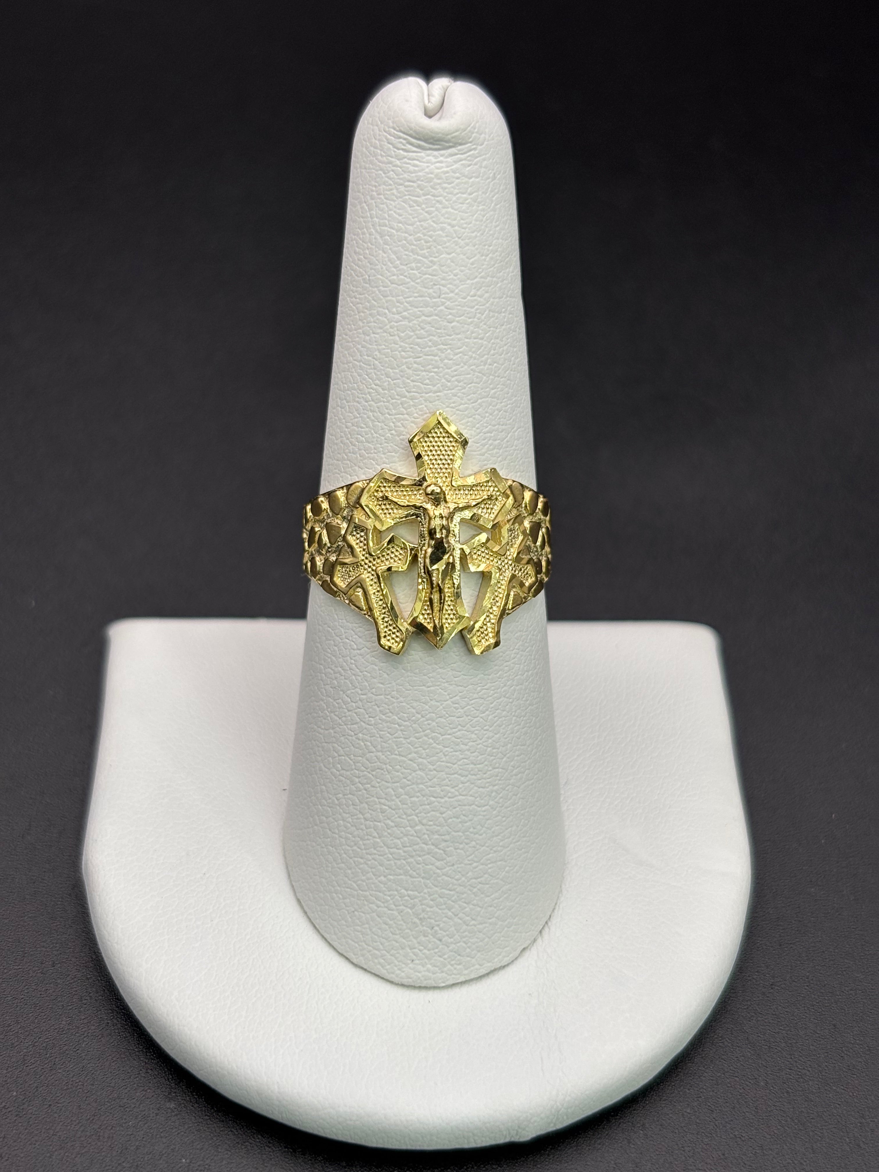 10k Solid Gold Nugget Ring Three Cross Jesus Christ