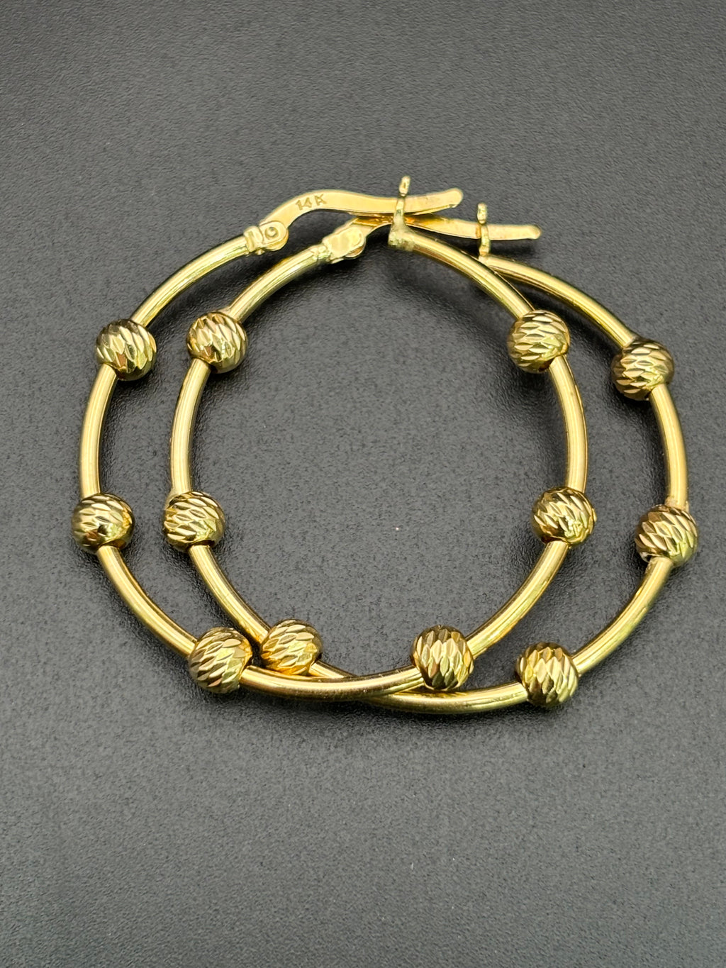 14k Solid Gold Hoop Earrings with Beads Gold Balls