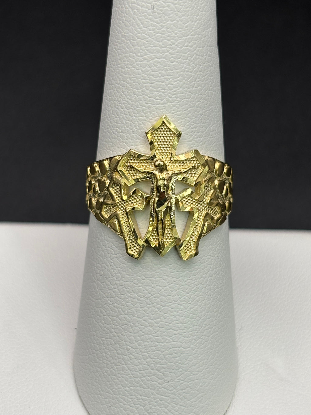 10k Solid Gold Nugget Ring Three Cross Jesus Christ