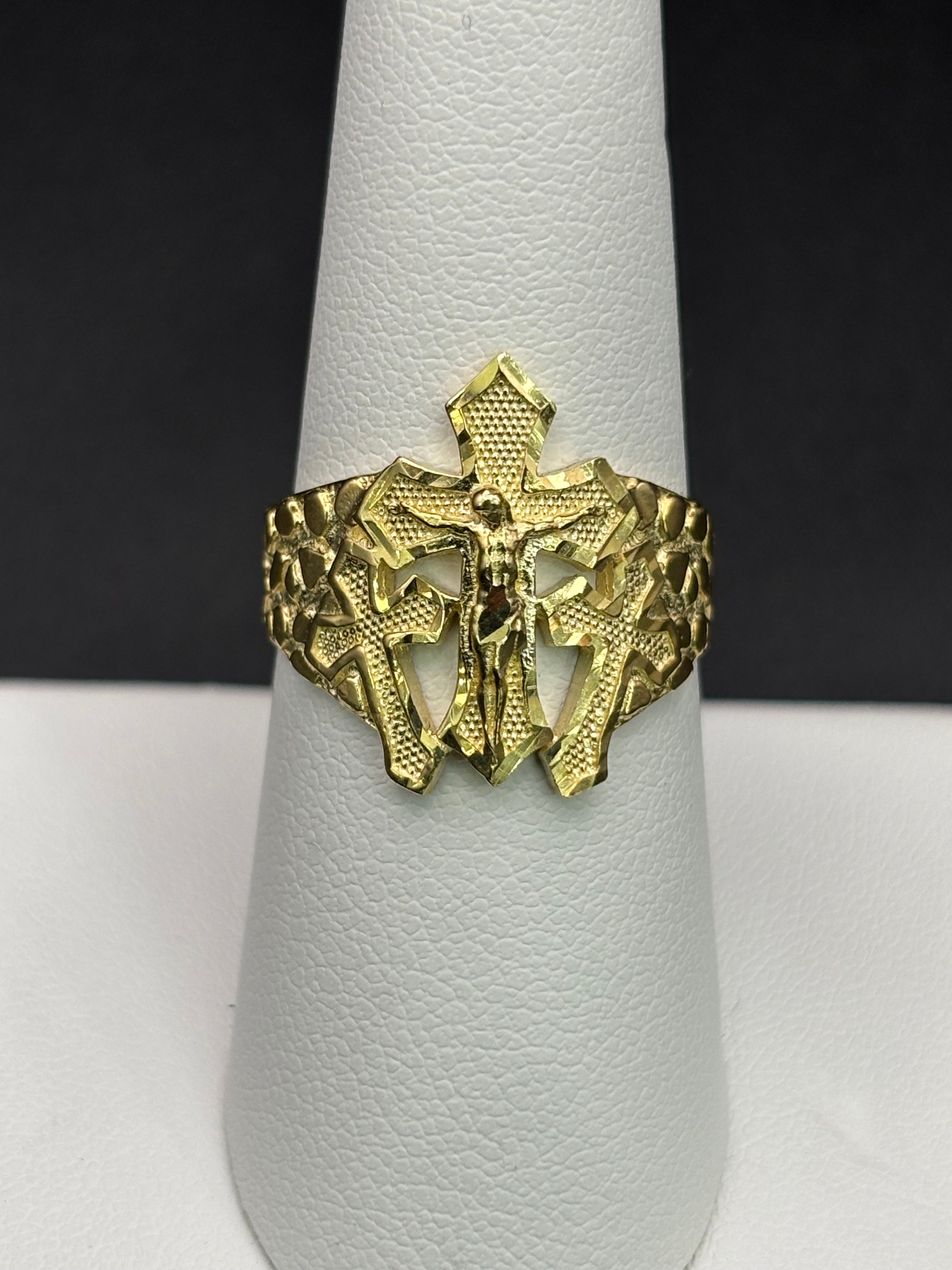 10k Solid Gold Nugget Ring Three Cross Jesus Christ