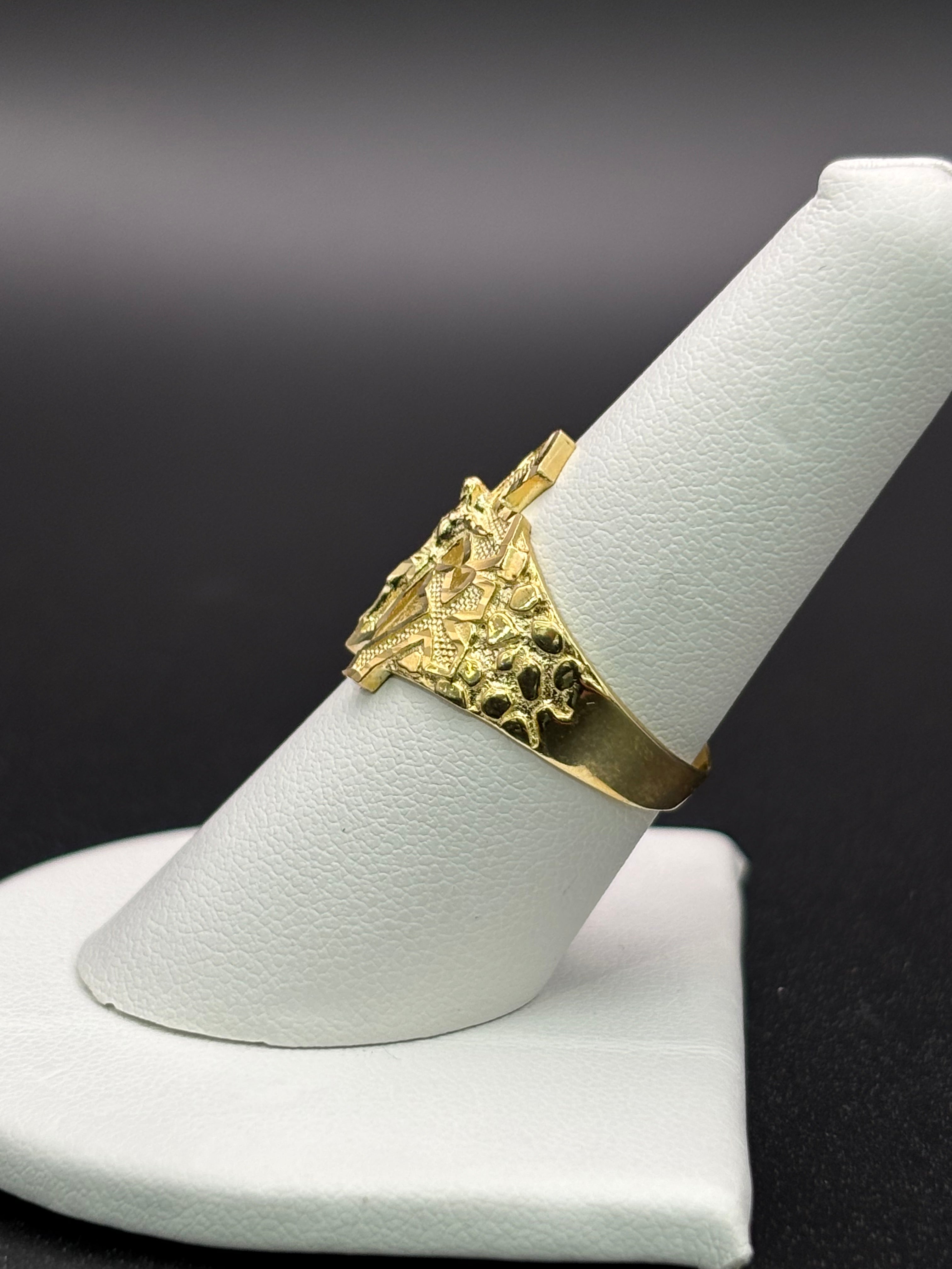 10k Solid Gold Nugget Ring Three Cross Jesus Christ