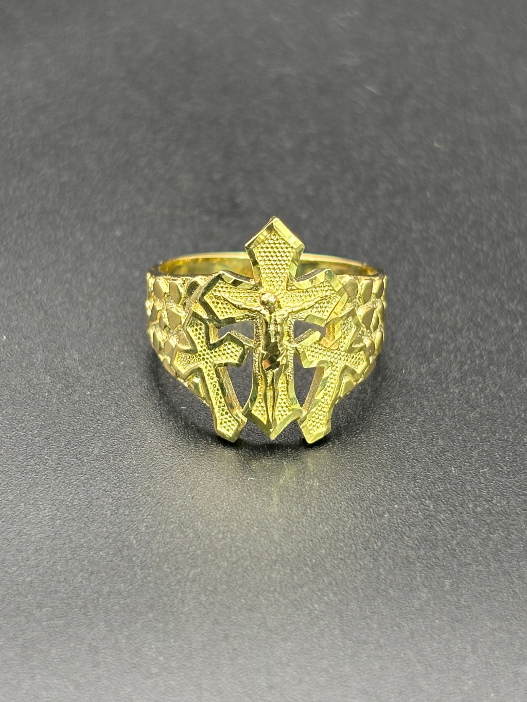 10k Solid Gold Nugget Ring Three Cross Jesus Christ