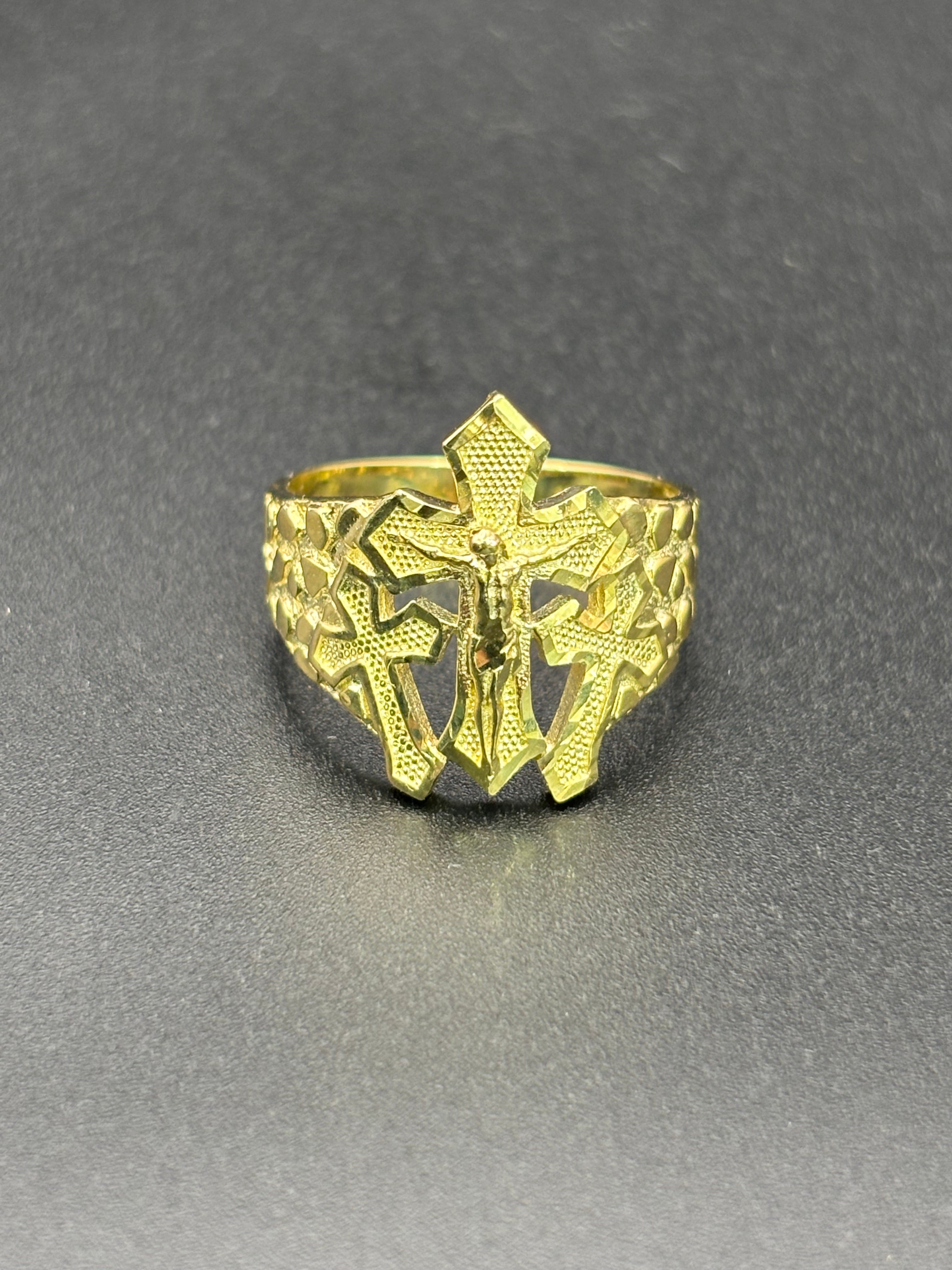 10k Solid Gold Nugget Ring Three Cross Jesus Christ