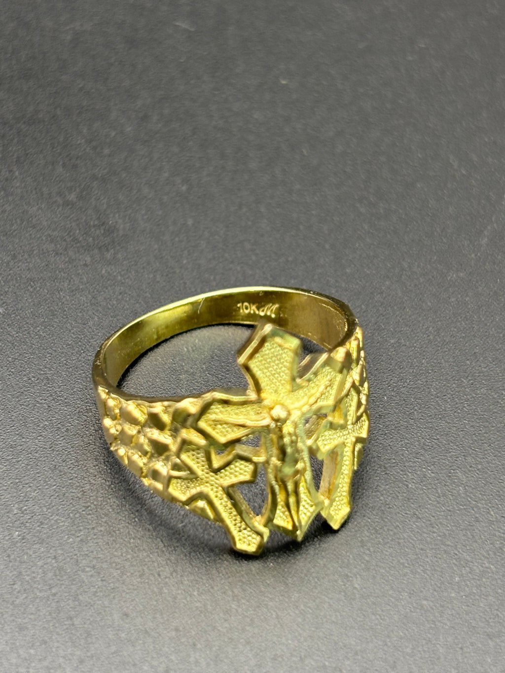 10k Solid Gold Nugget Ring Three Cross Jesus Christ