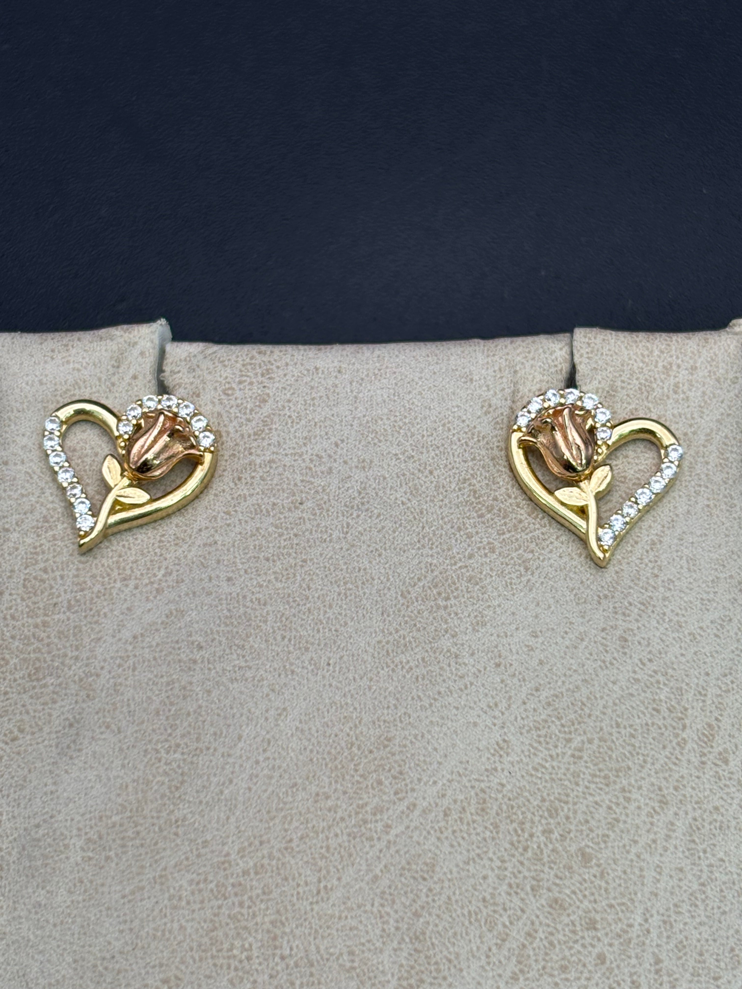 14k Solid Gold Earrings Quinceanera 15 Años Heart with Rose