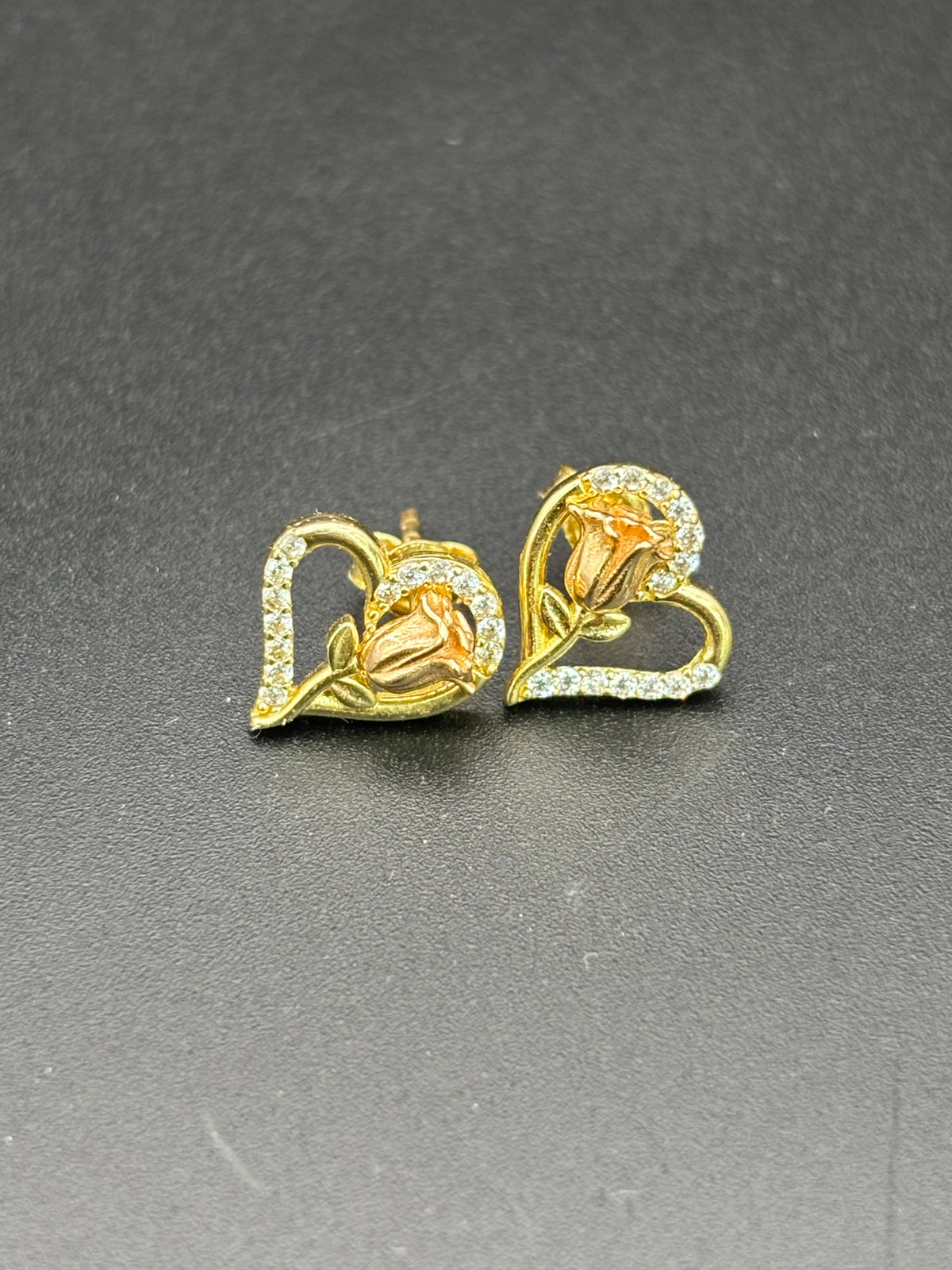 14k Solid Gold Earrings Quinceanera 15 Años Heart with Rose