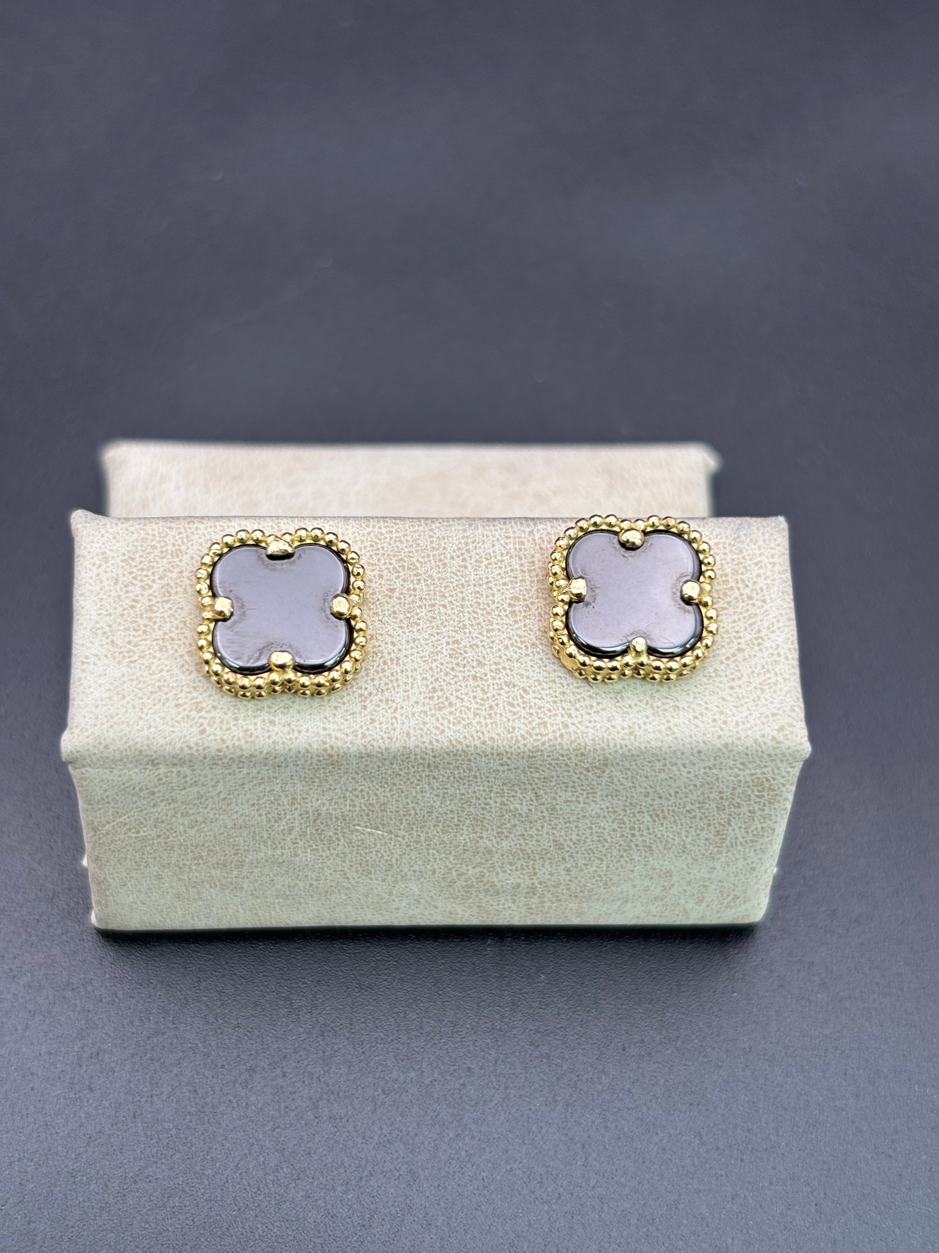 14k Solid Gold Earrings Black Flower